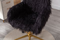 Hengming Modern Faux Fur Home Office Chair, Fluffy Chair For Girls, Makeup Vanity Chair With Gold Plating Base Black Faux Fur