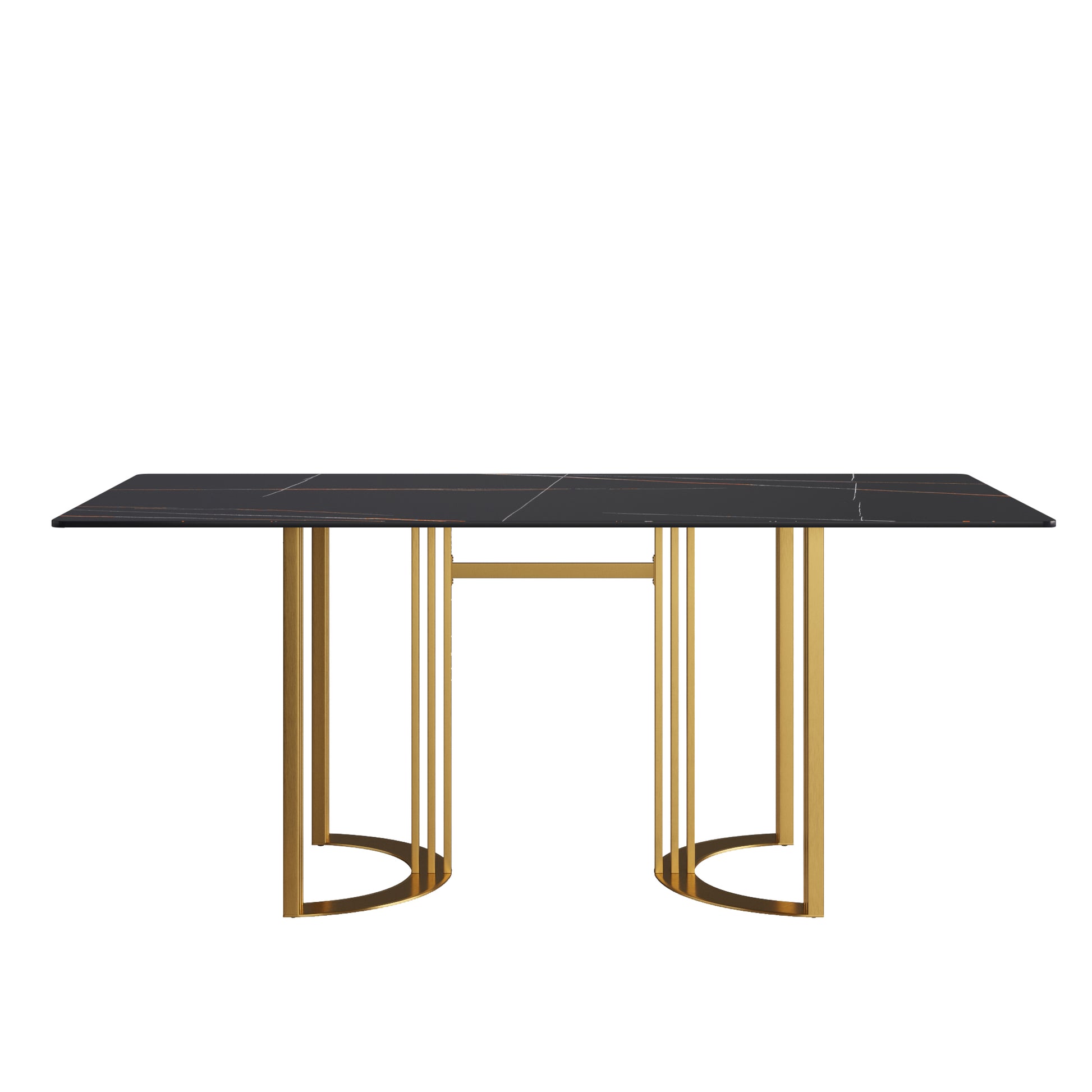 70.87" Modern Artificial Stone White Straight Edge Golden Metal Leg Dining Table Can Accommodate 6 8 People Black Metal Sintered Stone