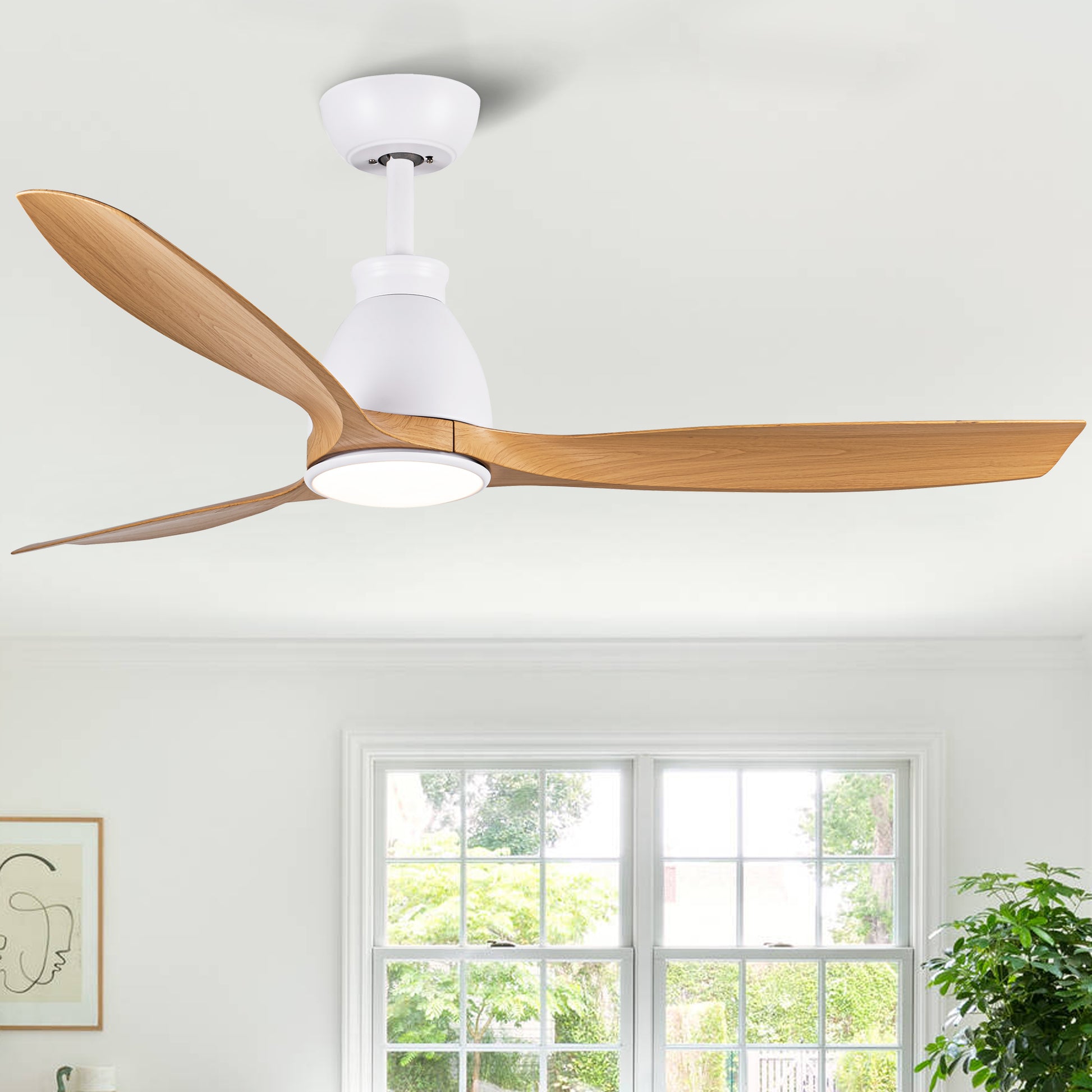 Yuhao 52 Inch Indoor Ceiling Fan With Intergrated Led Matte White With Antique Brown Wood Grain Blade White Walnut Abs