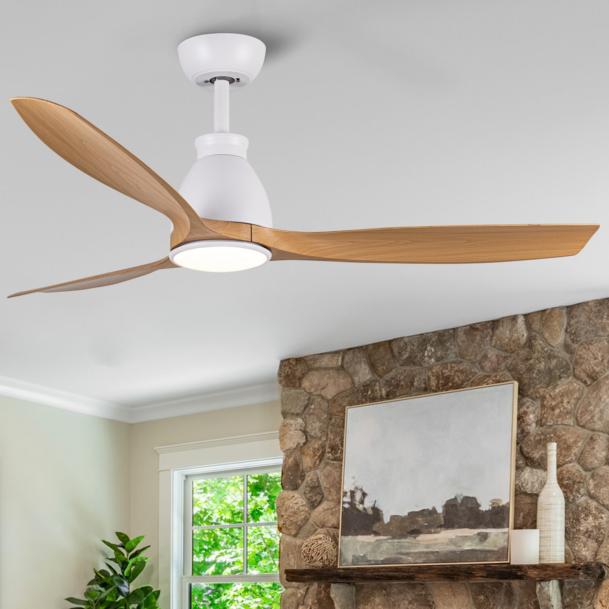 52 In.Intergrated Led Ceiling Fan With Antique Brown Wood Graiin Blade White Walnut Abs