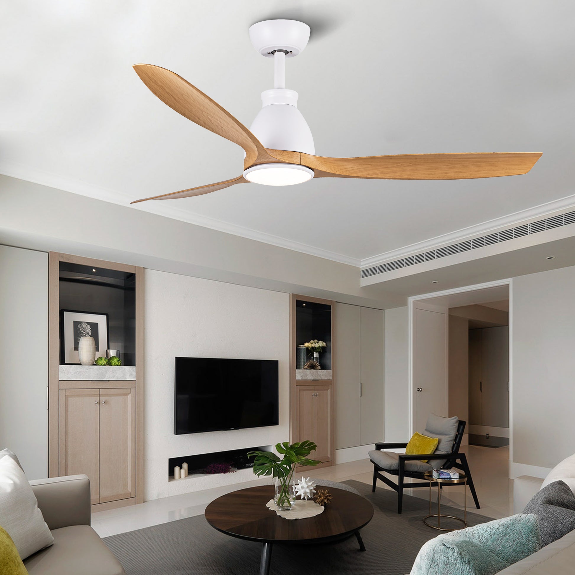 Yuhao 52 Inch Indoor Ceiling Fan With Intergrated Led Matte White With Antique Brown Wood Grain Blade White Walnut Abs