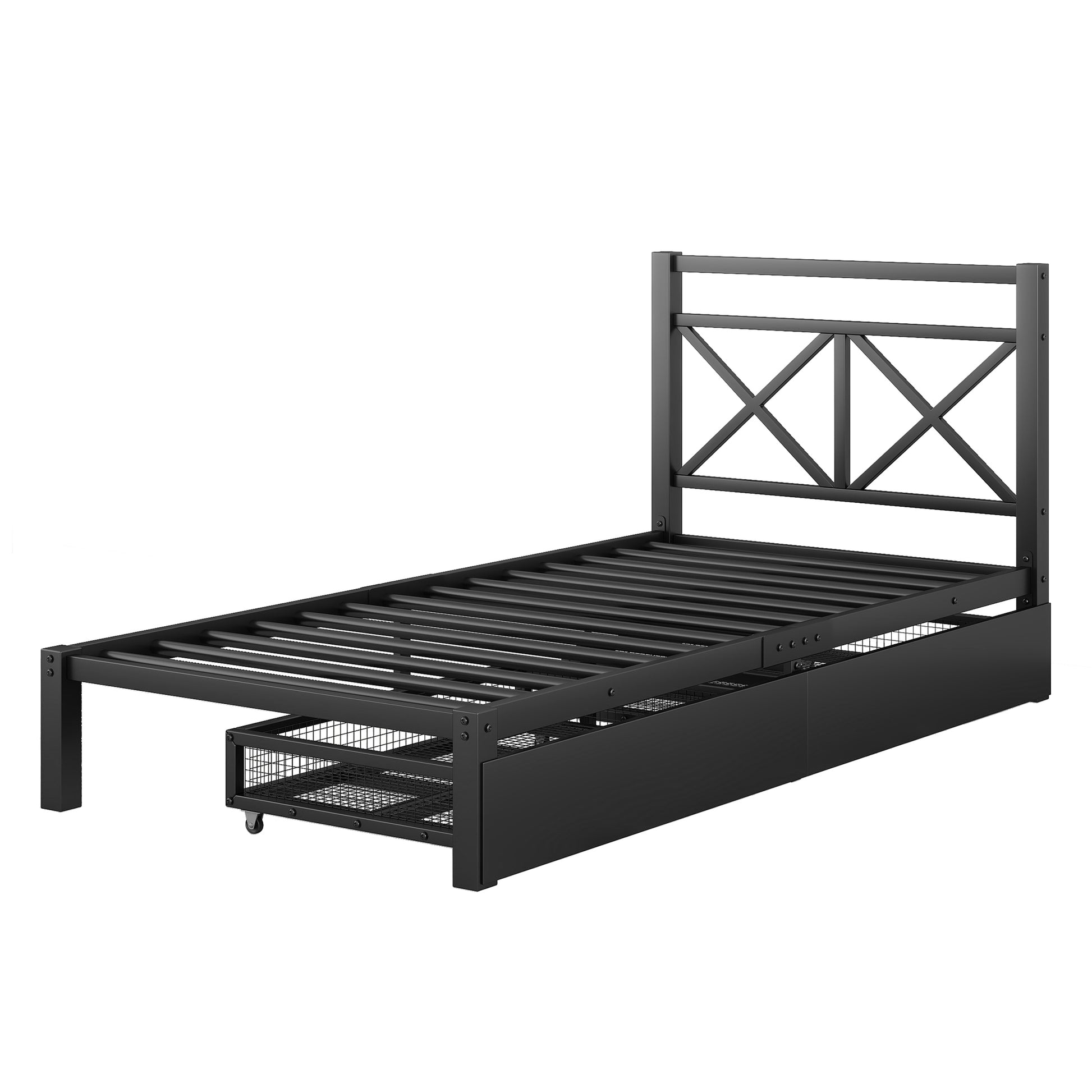 Metal Platform Bed With 2 Drawers, Twin Black Black Metal