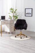 Hengming Modern Faux Fur Home Office Chair, Fluffy Chair For Girls, Makeup Vanity Chair With Gold Plating Base Black Faux Fur