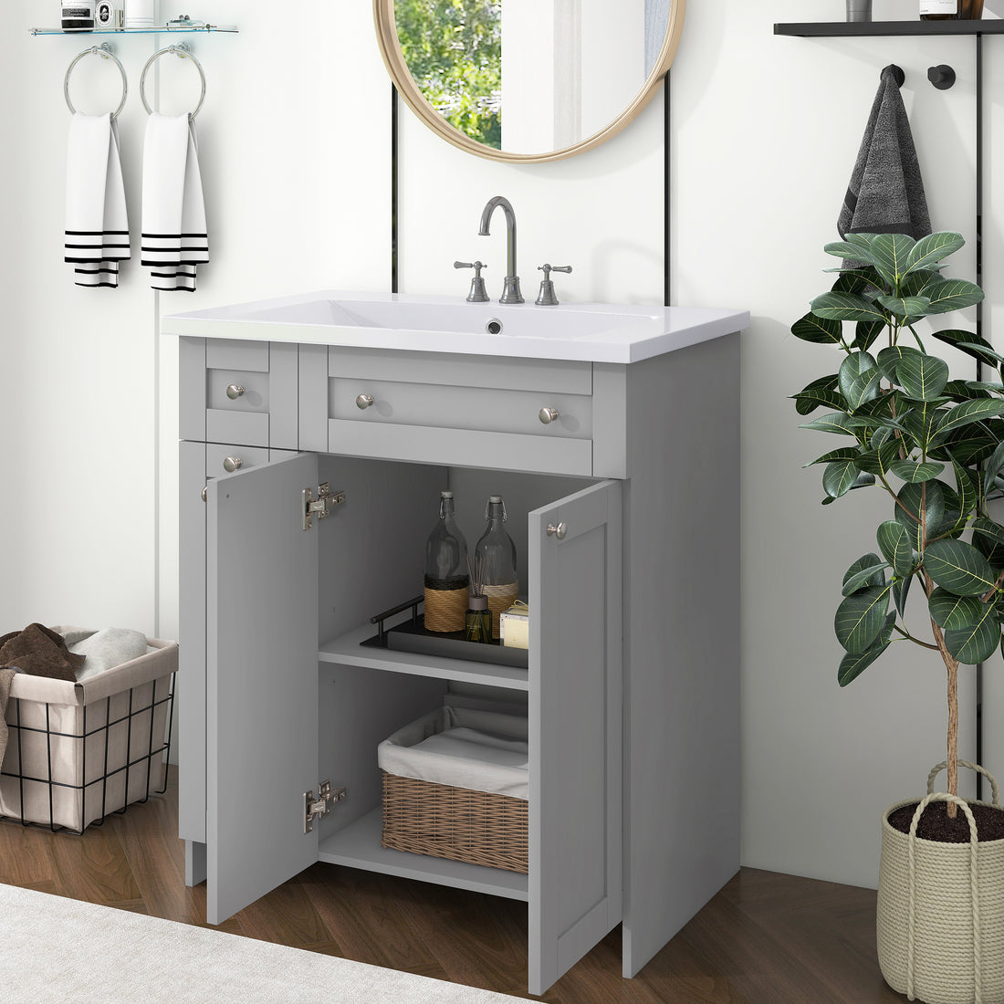 30" Bathroom Vanity With Single Sink In Grey,Combo Cabinet Undermount Sink,Bathroom Storage Cabinet Grey Mdf