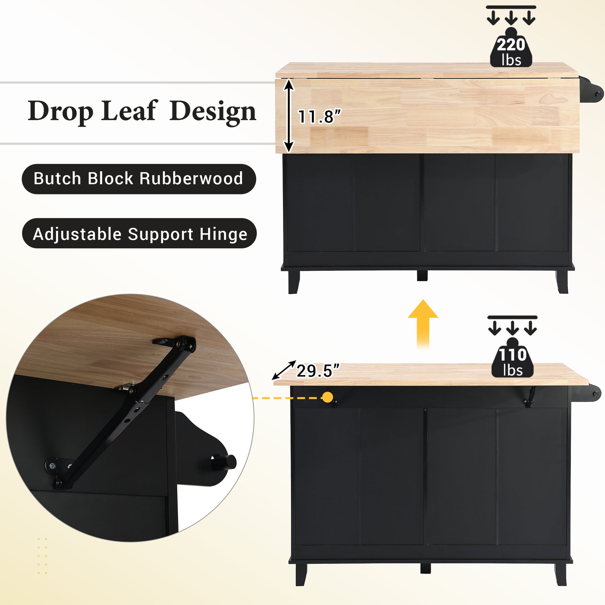 Farmhouse Kitchen Island Set with Drop Leaf and black-kitchen-farmhouse-rectangular-kitchen