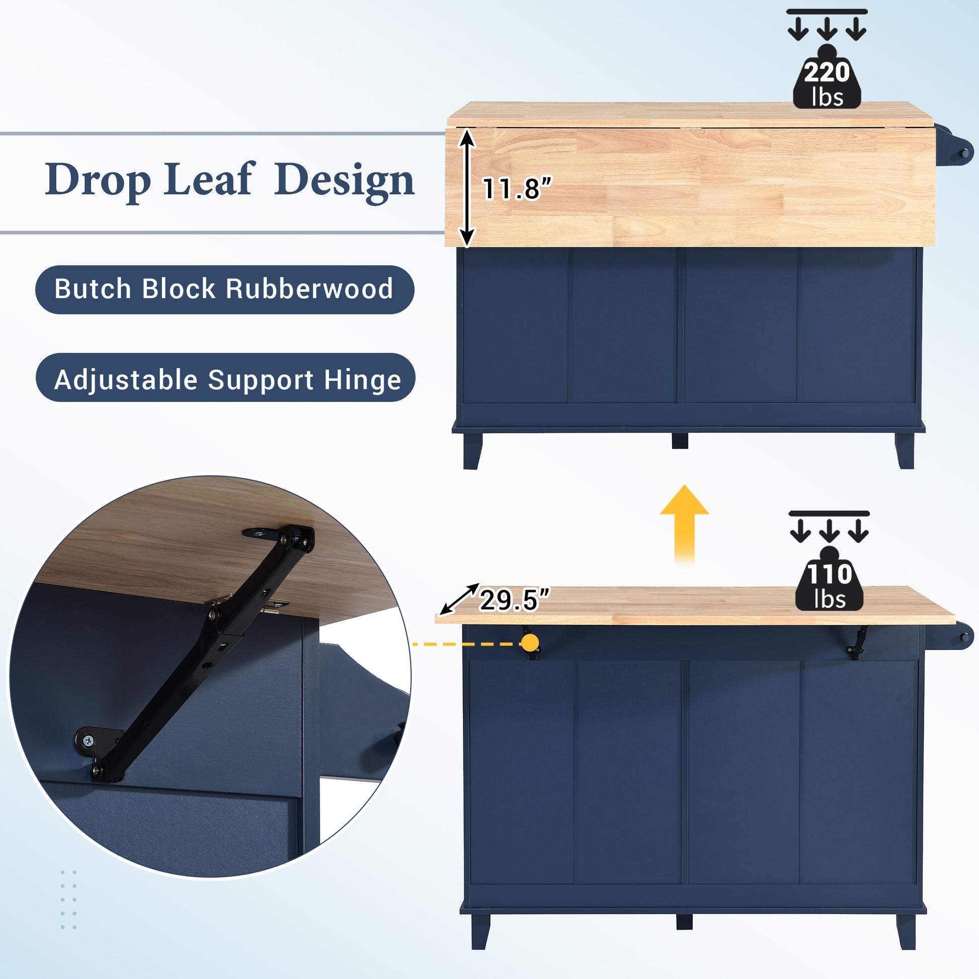 Farmhouse Kitchen Island Set with Drop Leaf and blue-kitchen-farmhouse-rectangular-kitchen island