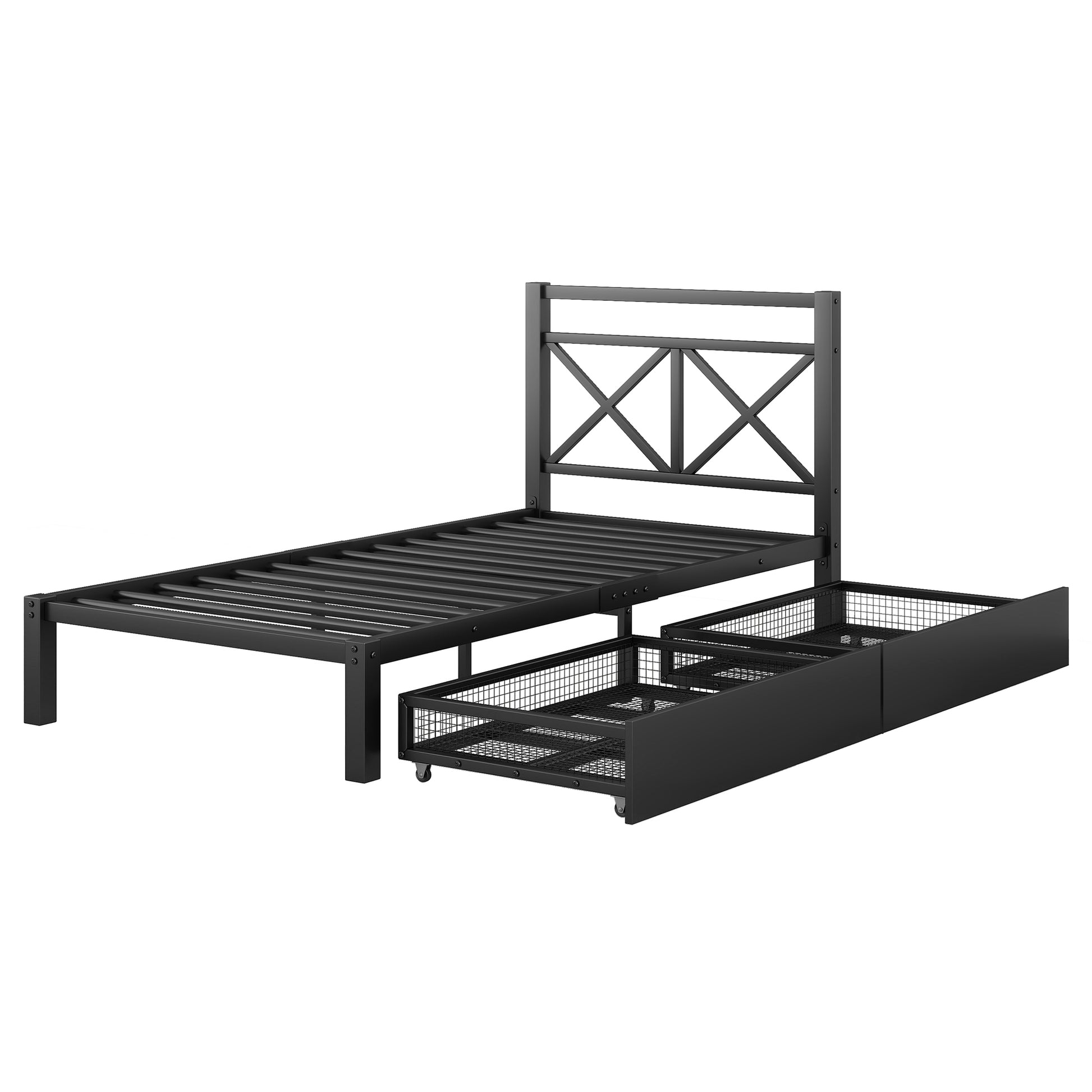 Metal Platform Bed With 2 Drawers, Twin Black Black Metal