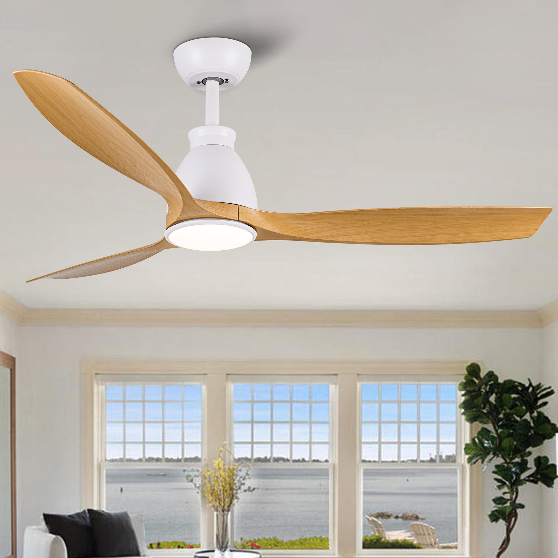 52 In.Intergrated Led Ceiling Fan With Antique Brown Wood Graiin Blade White Walnut Abs