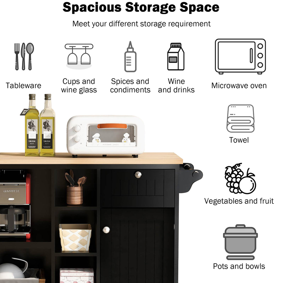 Kitchen Island Cart with Storage Cabinet and Two black-mdf