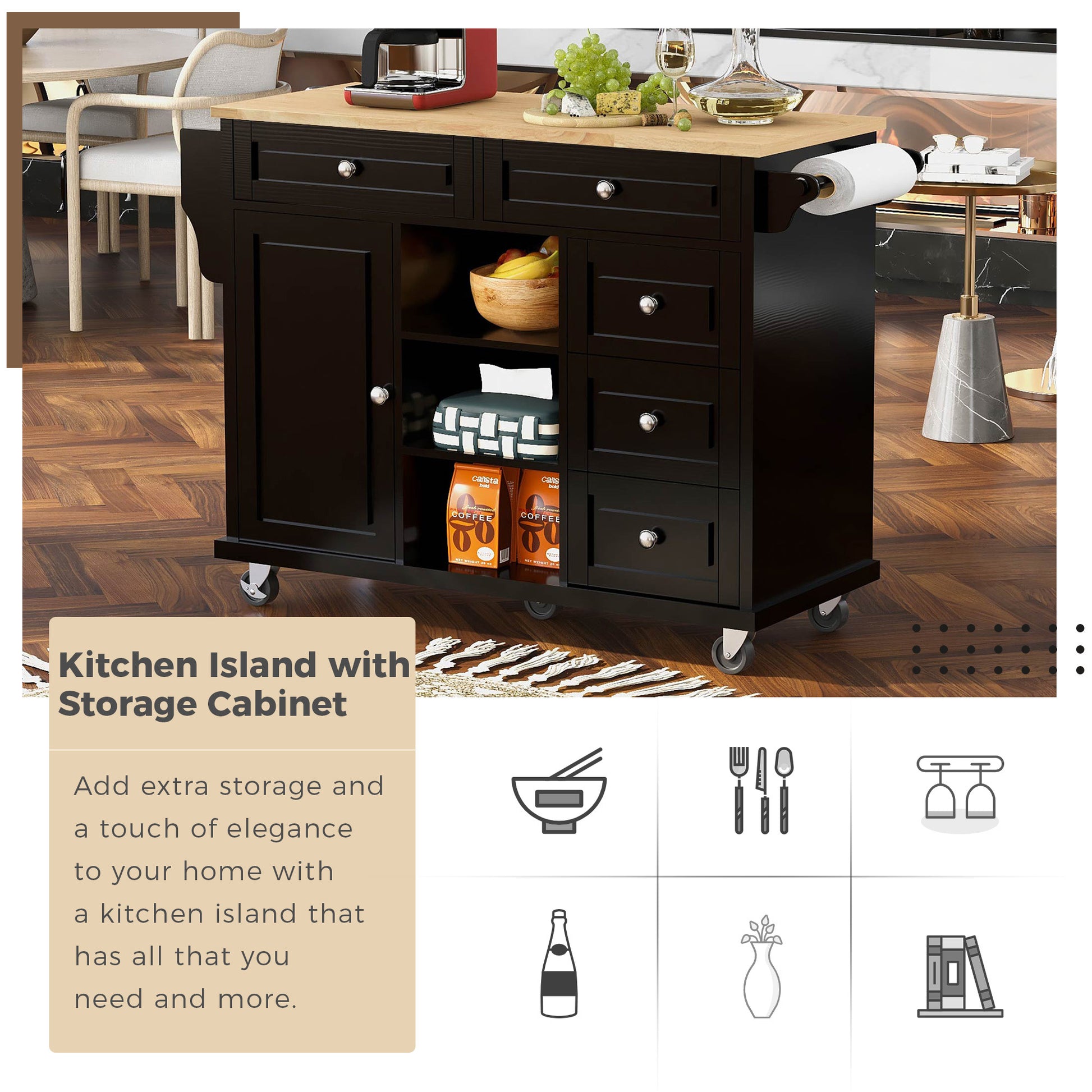 Kitchen Cart With Rubber Wood Desktop Rolling Mobile Kitchen Island With Storage And 5 Draws 53 Inch Length Black Black Mdf