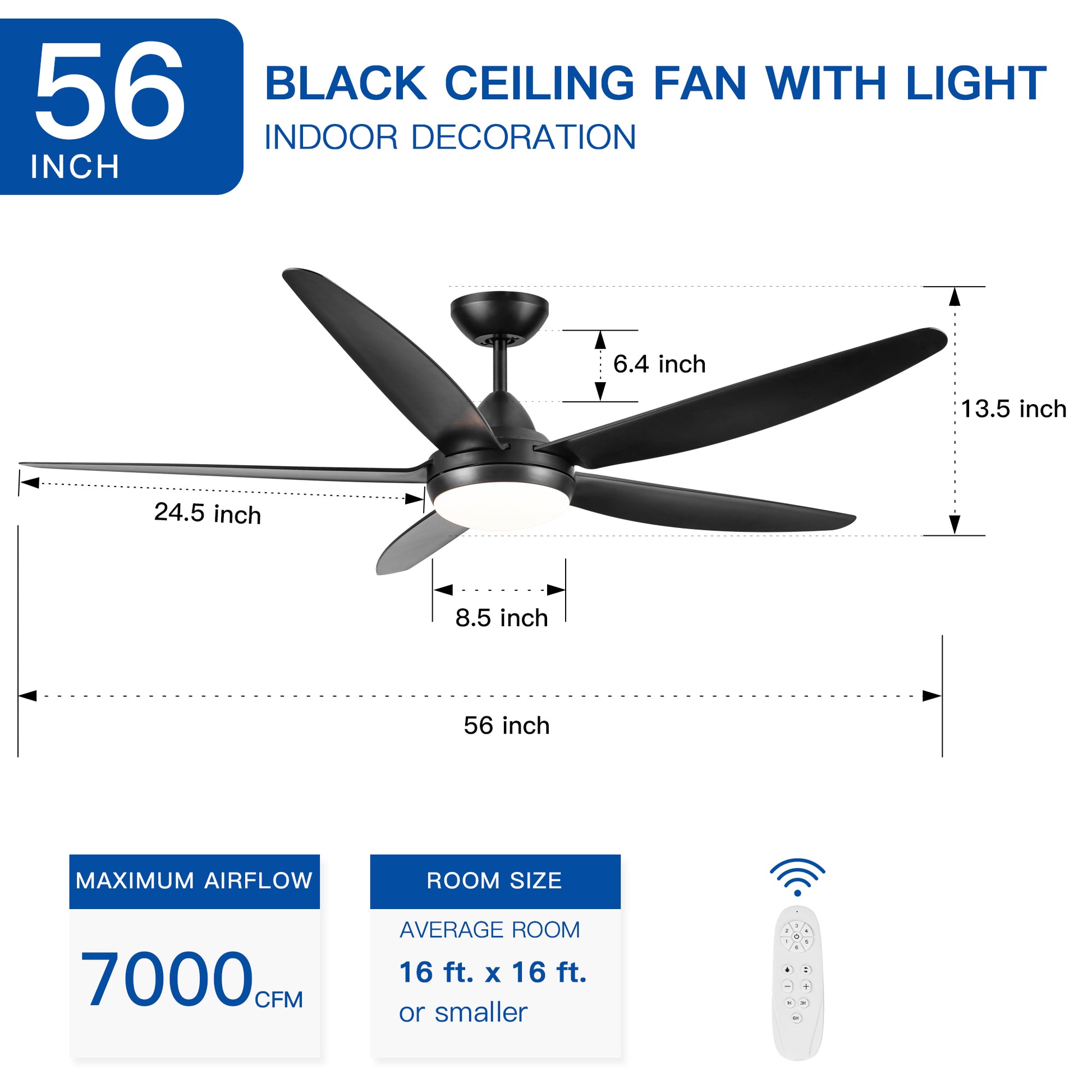 56 In Intergrated Led Ceiling Fan Lighting With Black Abs Blade Black Abs