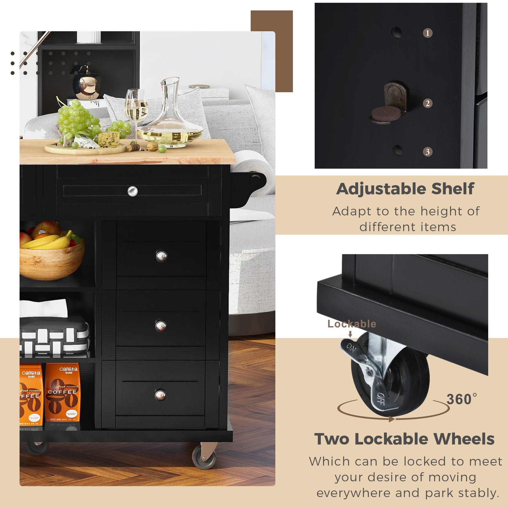 Kitchen Cart With Rubber Wood Desktop Rolling Mobile Kitchen Island With Storage And 5 Draws 53 Inch Length Black Black Mdf