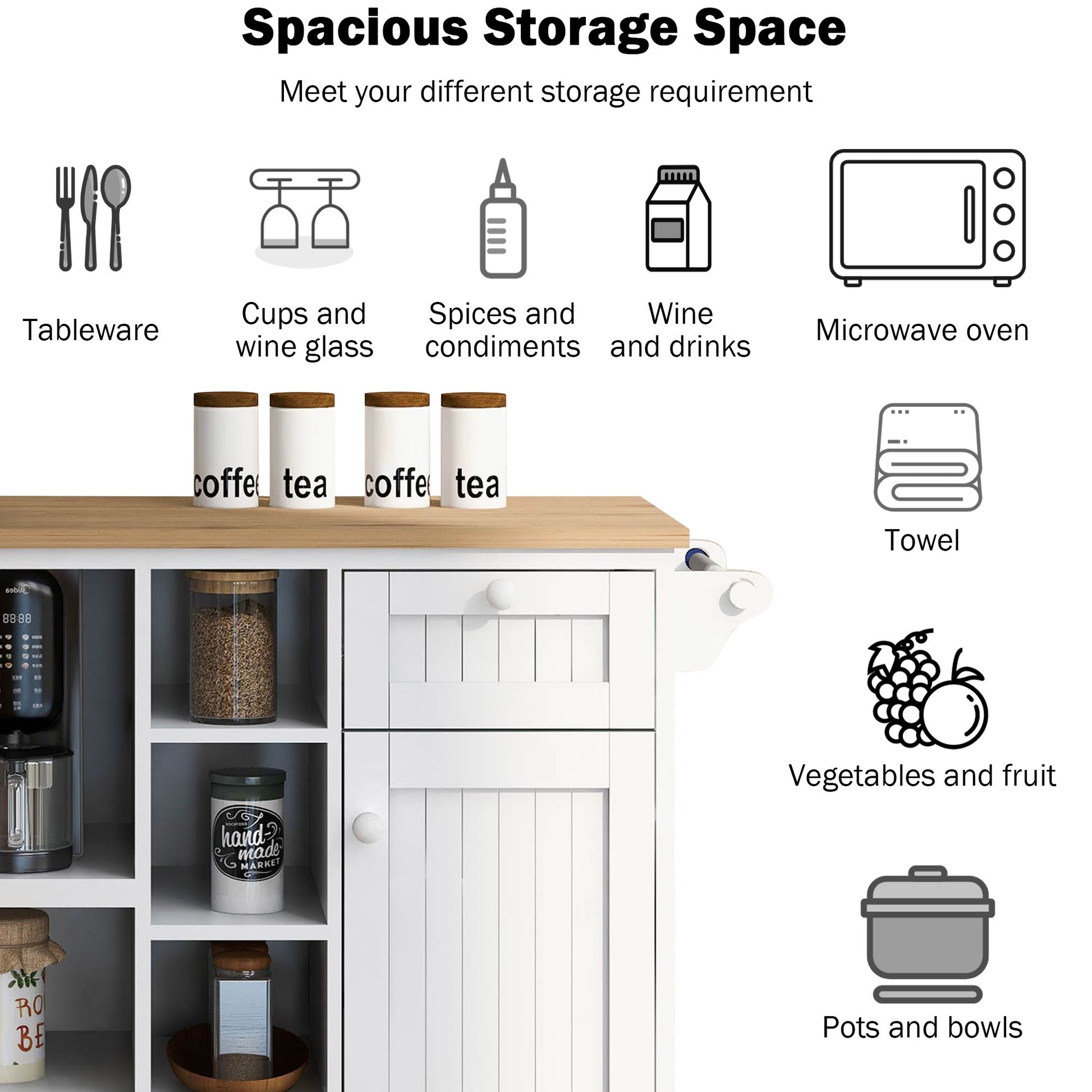 Kitchen Island Cart with Storage Cabinet and Two white-mdf