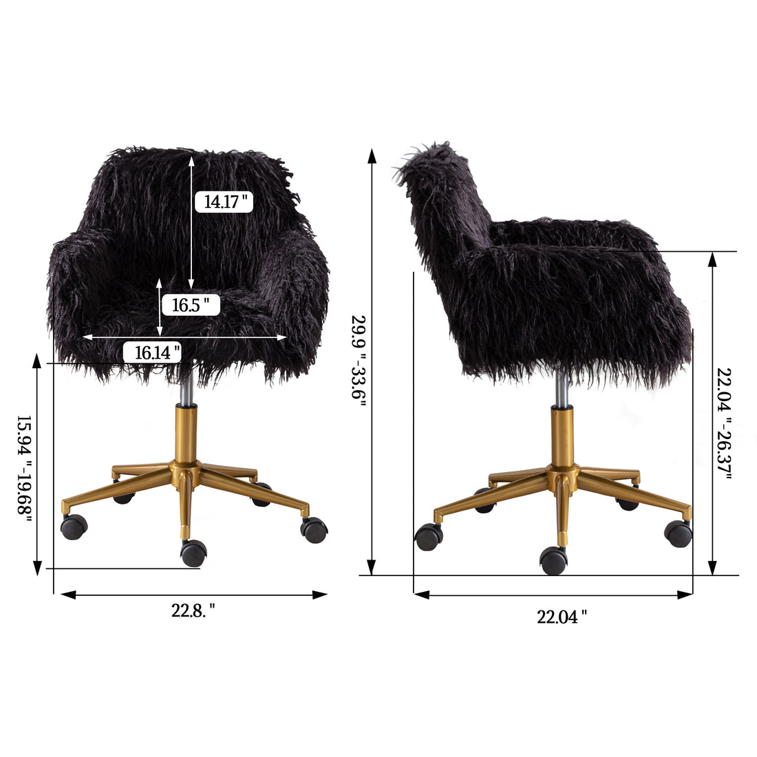 Hengming Modern Faux Fur Home Office Chair, Fluffy Chair For Girls, Makeup Vanity Chair With Gold Plating Base Black Faux Fur