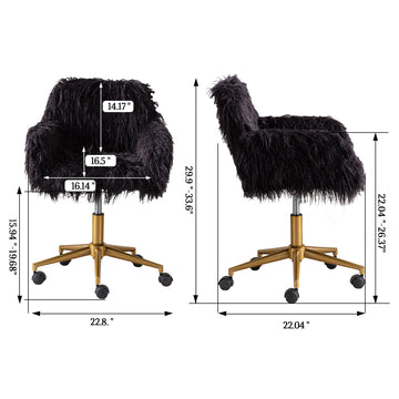 Hengming Modern Faux Fur Home Office Chair, Fluffy Chair For Girls, Makeup Vanity Chair With Gold Plating Base Black Faux Fur
