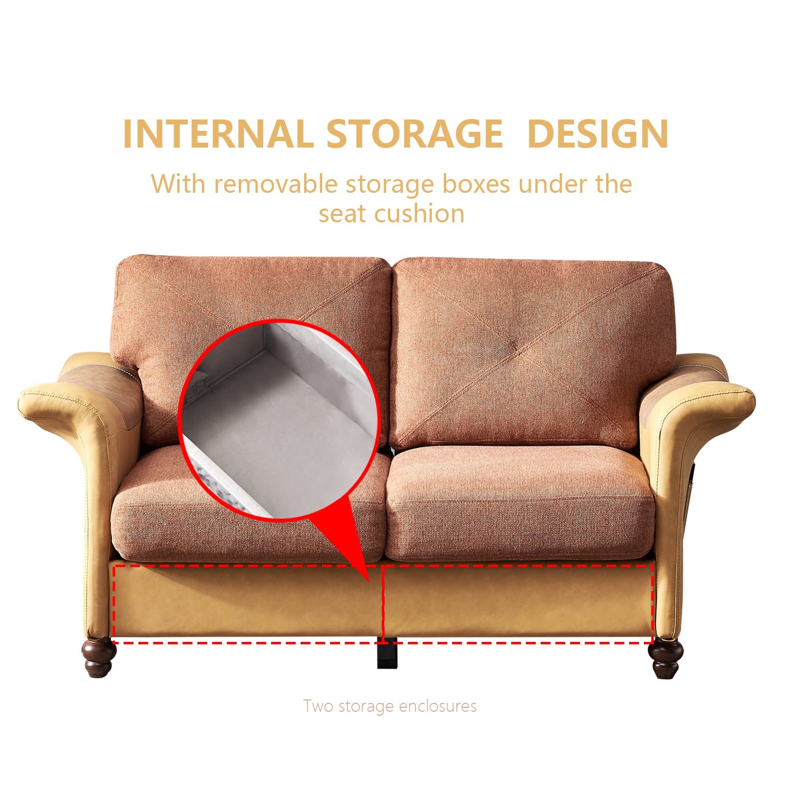 Living Room General Use Linen Fabric Faux Leather With Wood Leg Beautiful Seat Red Brown Brown Foam Fabric