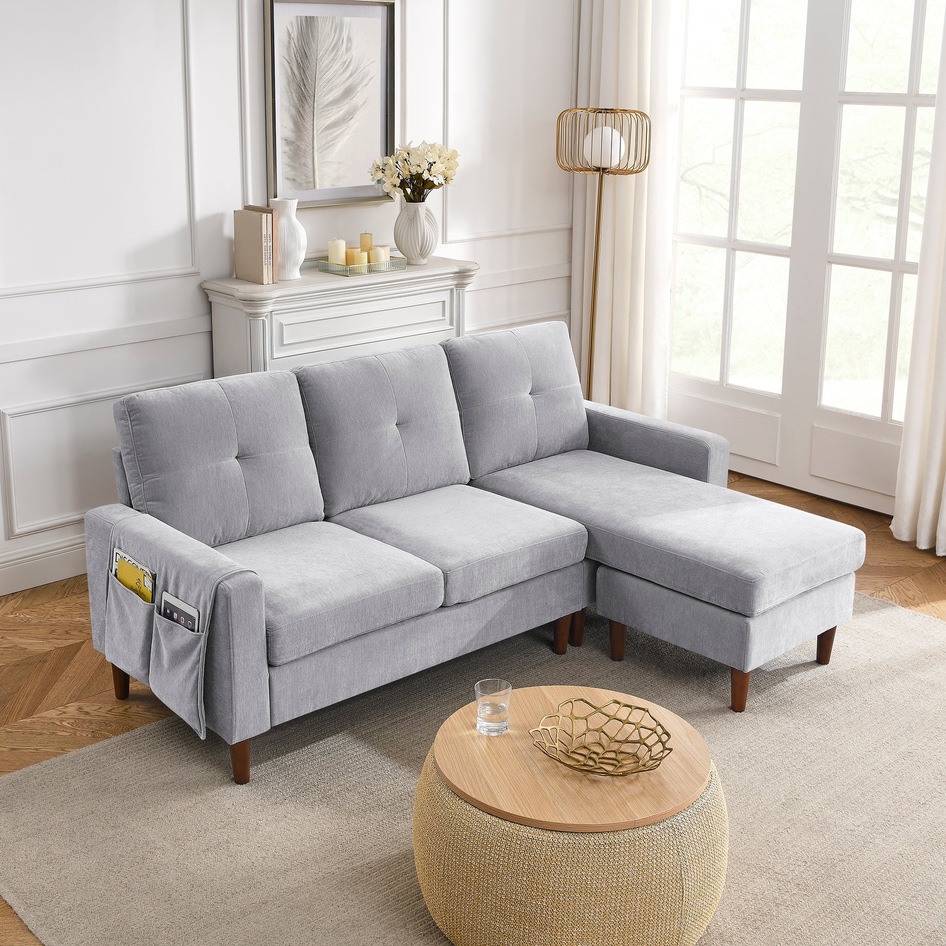 80" Convertible Sectional Sofa Couch, 3 Seats L Shape Sofa With Removable Cushions And Pocket, Rubber Wood Legs, Light Grey Chenille Light Grey Chenille