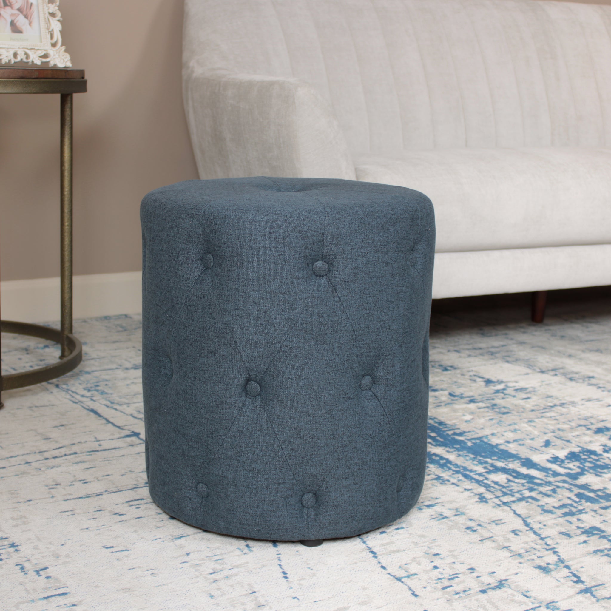 Tuft Puff Ottoman Blue Dark Blue Upholstered