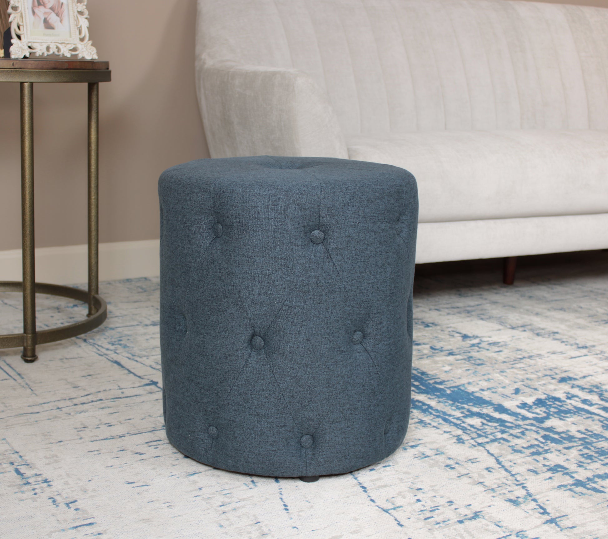 Tuft Puff Ottoman Blue Dark Blue Upholstered