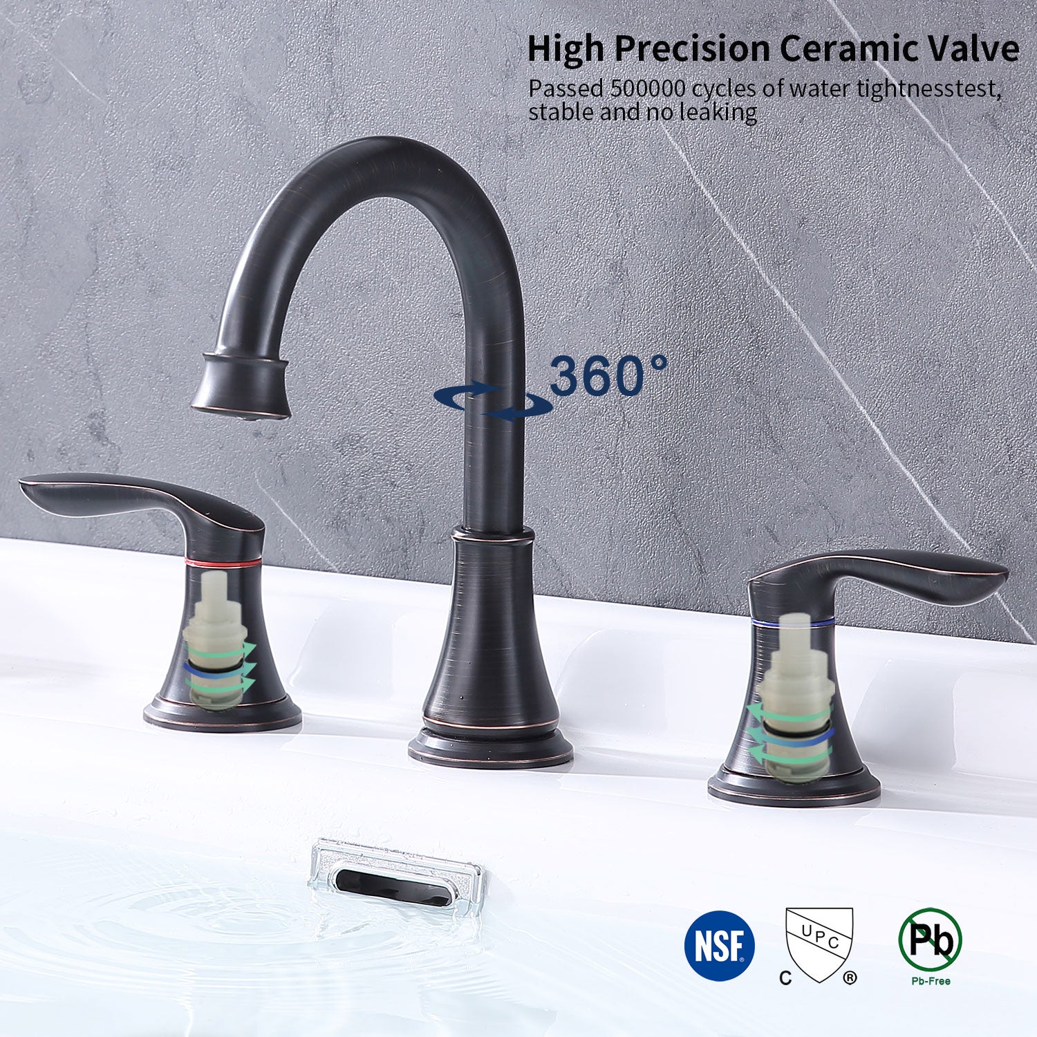 2 Handle 8 Inch Widespread Bathroom Sink Faucet Oil Rubbed Bronze Lavatory Faucet 3 Hole 360 Swivel Spout Vanity Sink Basin Faucets With Pop Up Drain Assembly And Cupc Water Supply Hoses Oil Rubbed Bronze Metal