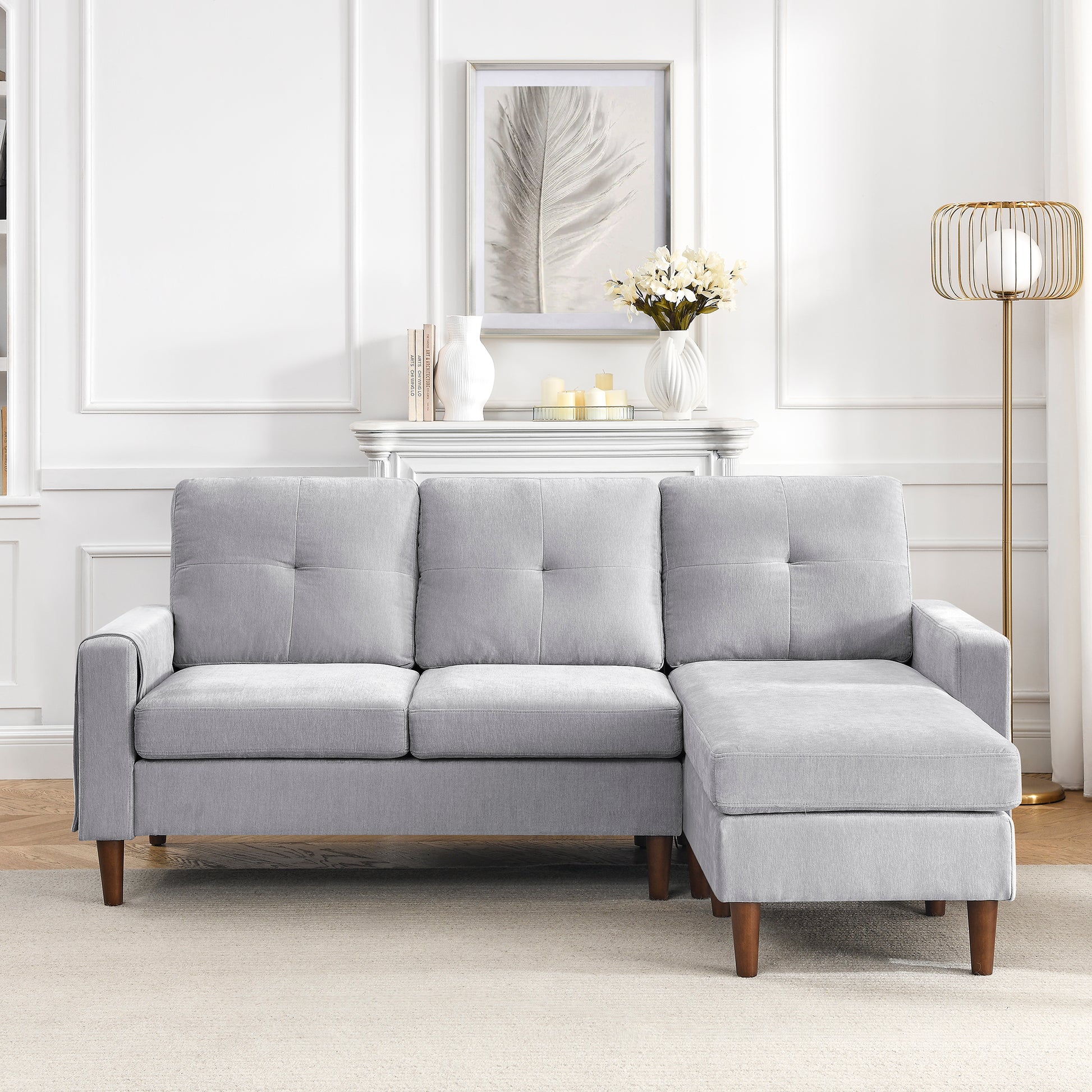 80" Convertible Sectional Sofa Couch, 3 Seats L Shape Sofa With Removable Cushions And Pocket, Rubber Wood Legs, Light Grey Chenille Light Grey Chenille