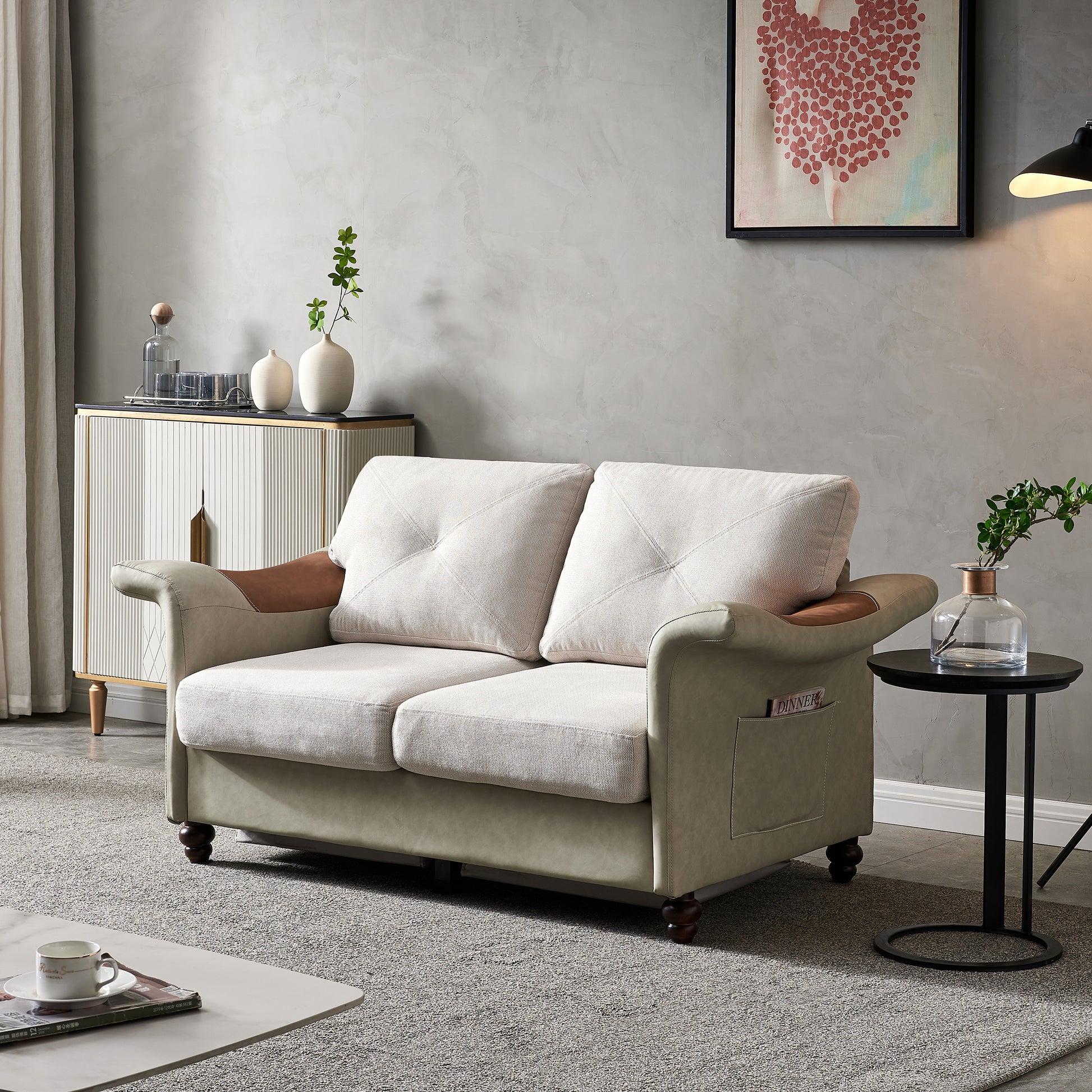 Living Room General Use Linen Fabric Faux Leather With Wood Leg Beautiful Seat Beige Beige Foam Fabric