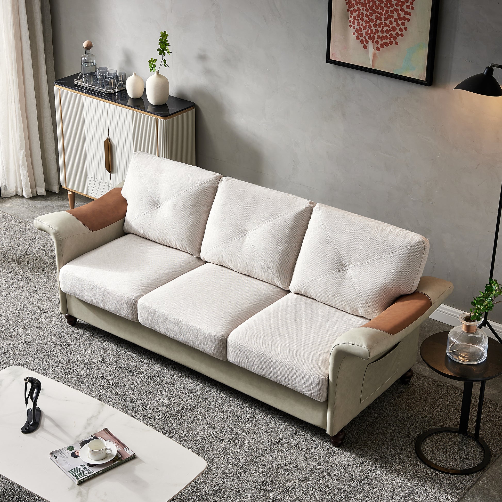 Living Room Furniture Linen Fabric Faux Leather With Wood Leg 2 3 Sectional Beige Beige Foam Fabric