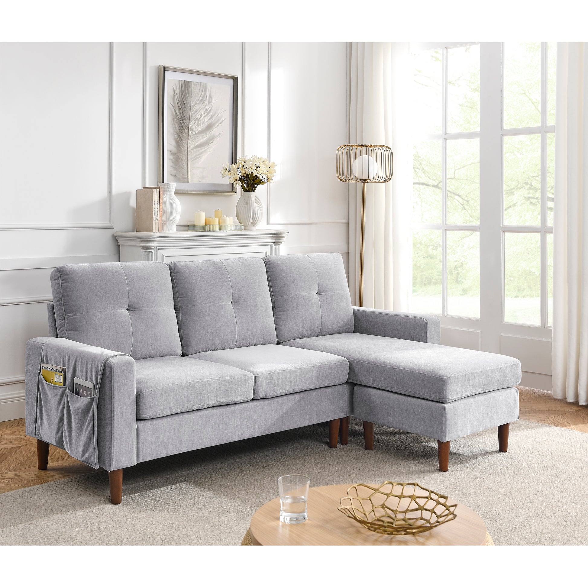 80" Convertible Sectional Sofa Couch, 3 Seats L Shape Sofa With Removable Cushions And Pocket, Rubber Wood Legs, Light Grey Chenille Light Grey Chenille