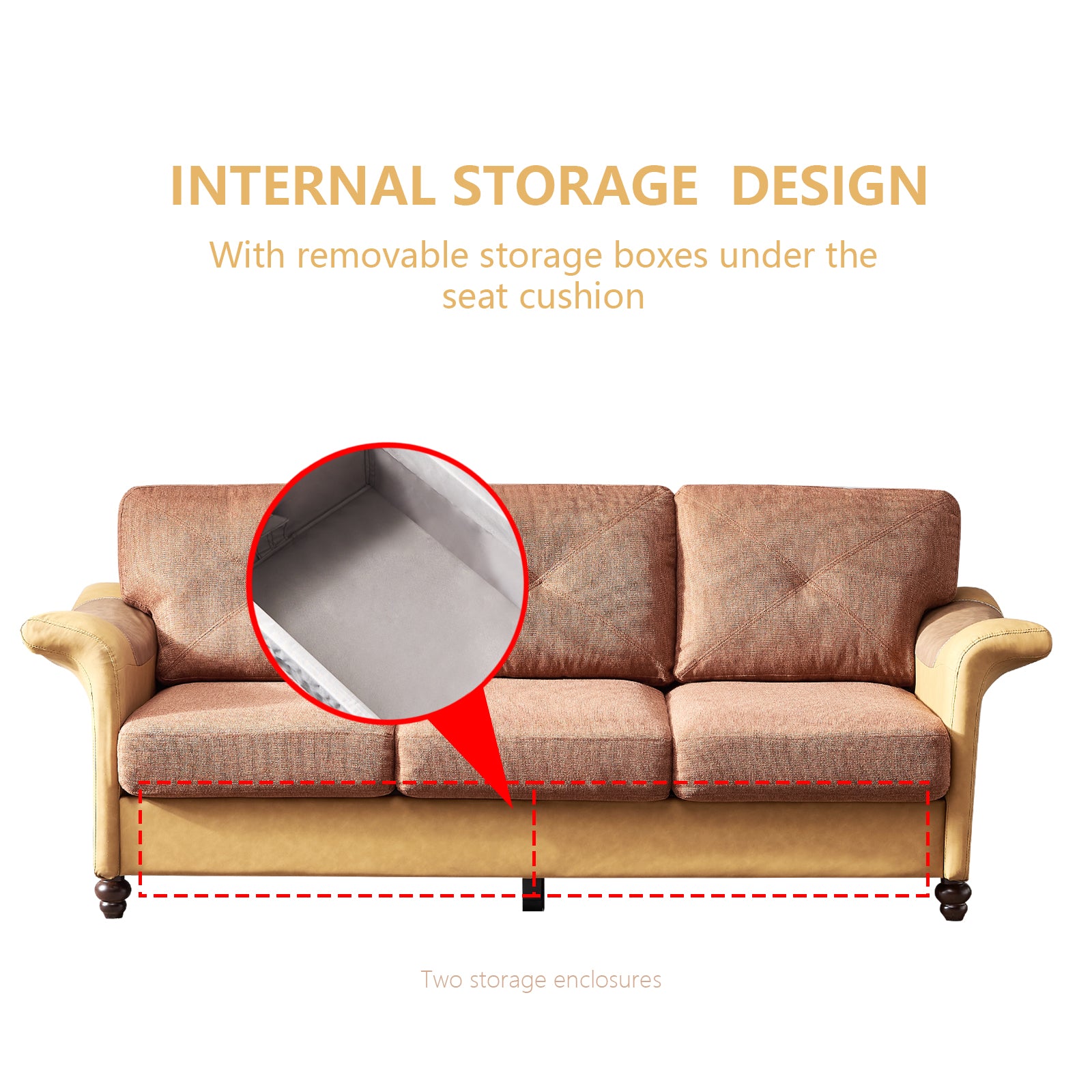 Living Room Furniture Linen Fabric Faux Leather With Wood Leg Sofa Red Brown Brown Foam Fabric