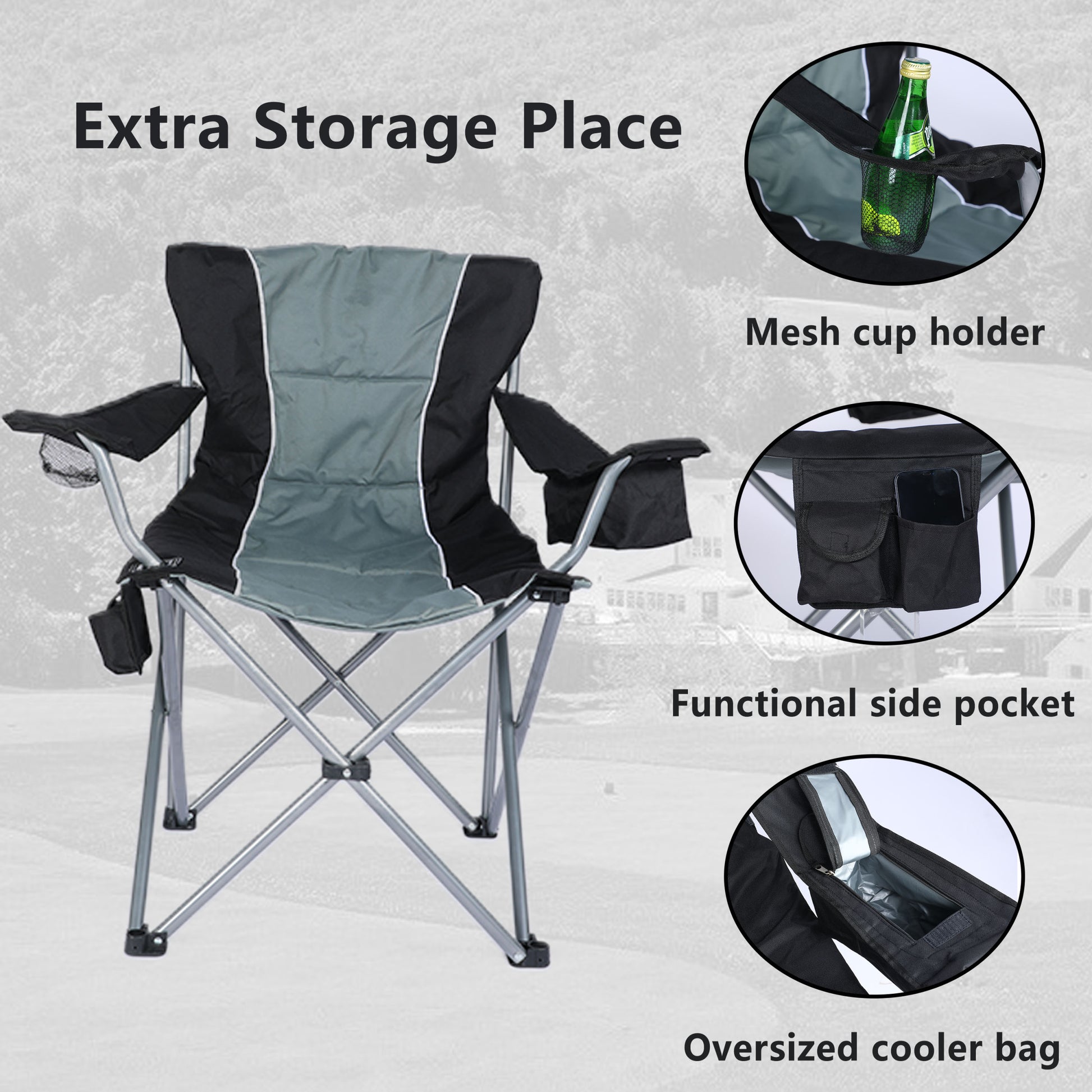 Yssoa Oversized Camping Folding Chair With Cup Holder, Side Cooler Bag, Heavy Duty Steel Frame Fully P Added Quad Armchair For Outdoors, 1 Pack, Grey Grey Oxford Fabric