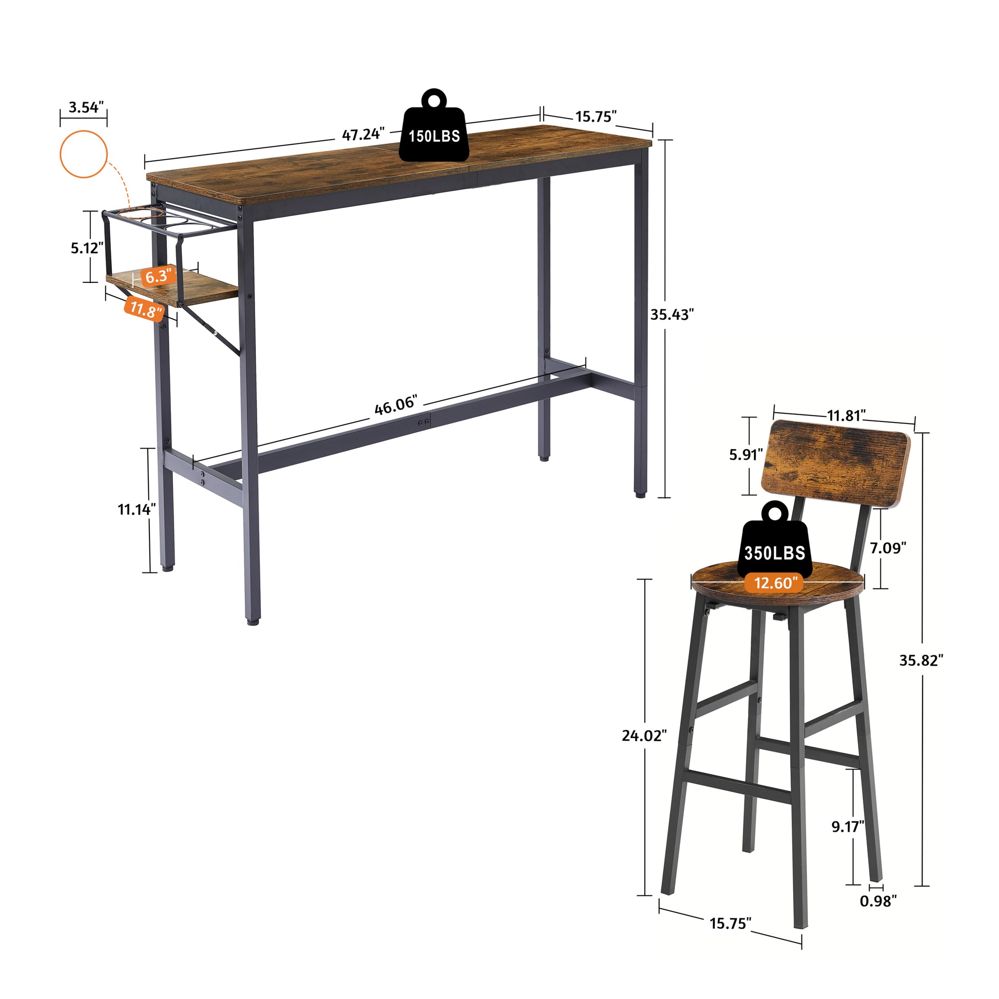 Bar Table Set With Wine Bottle Storage Rack. Rustic Brown, 47.24'' L X 15.75'' W X 35.43'' H. Rustic Brown Particle Board