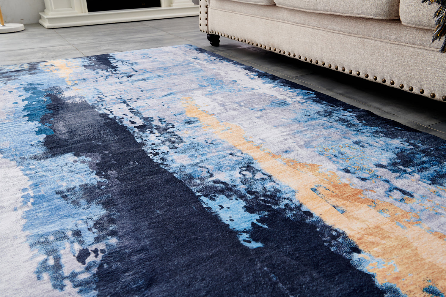 Zara Collection Abstract Design Gray Blue Yellow Machine Washable Super Soft Area Rug Multicolor Polyester