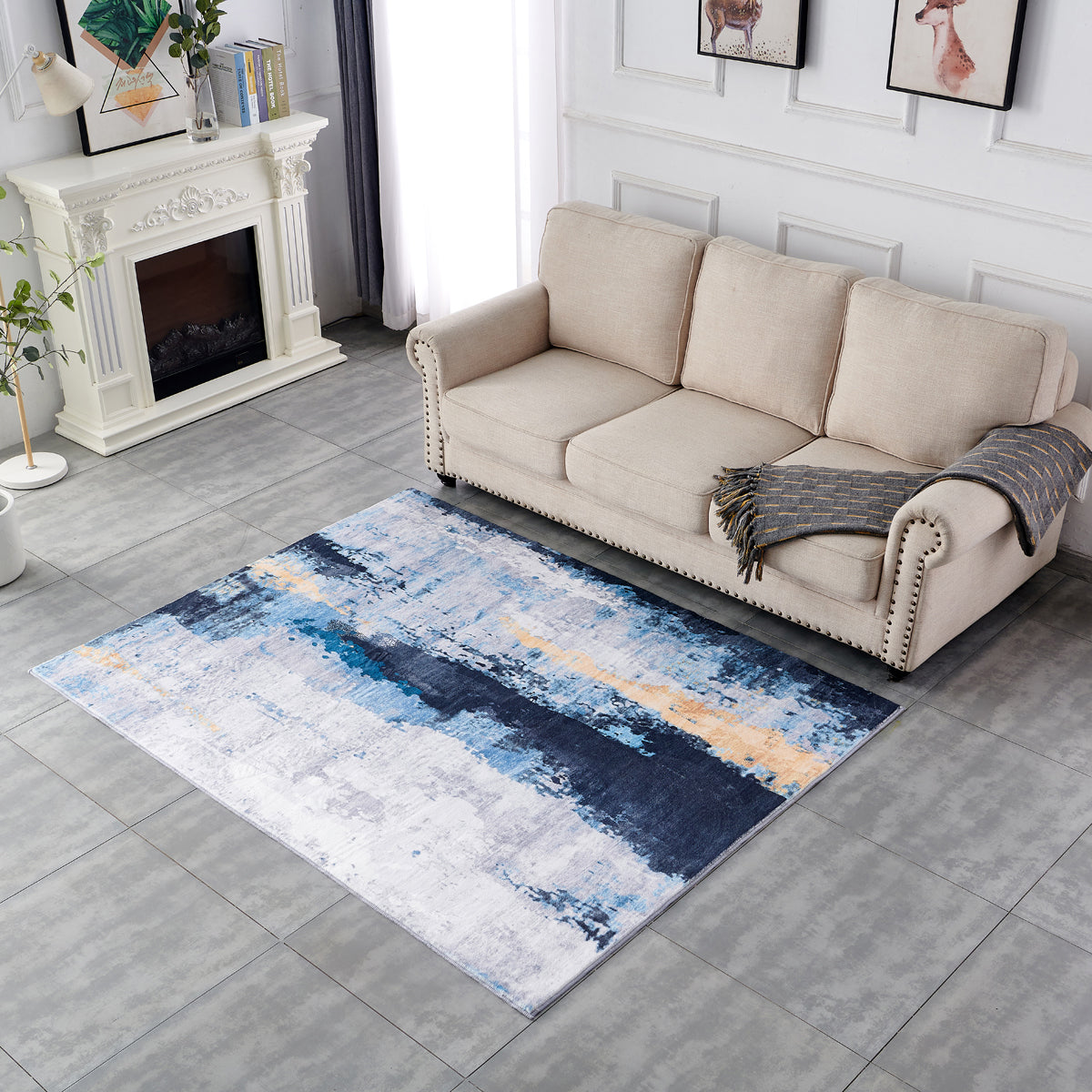 Zara Collection Abstract Design Gray Blue Yellow Machine Washable Super Soft Area Rug Multicolor Polyester