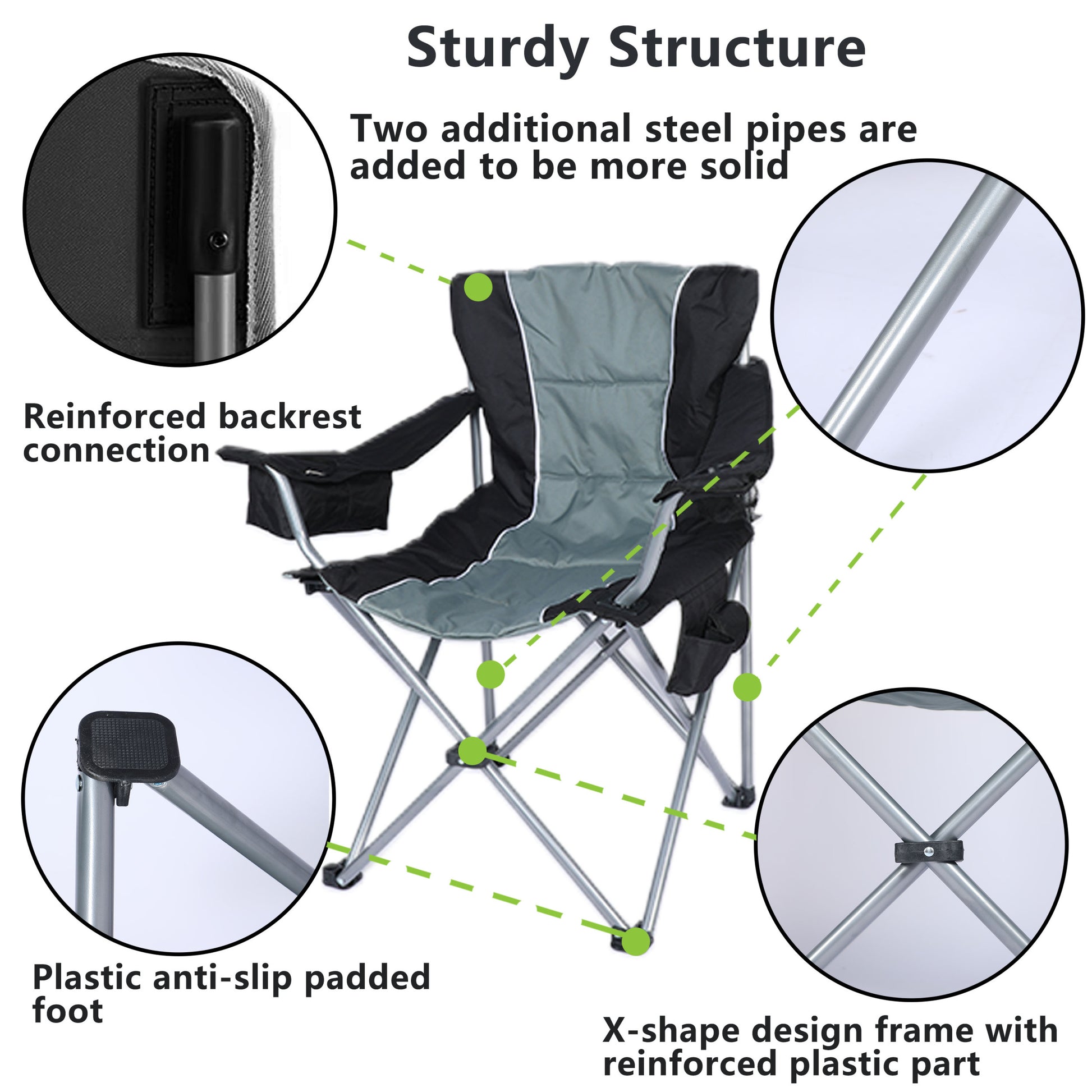 Yssoa Oversized Camping Folding Chair With Cup Holder, Side Cooler Bag, Heavy Duty Steel Frame Fully P Added Quad Armchair For Outdoors, 1 Pack, Grey Grey Oxford Fabric