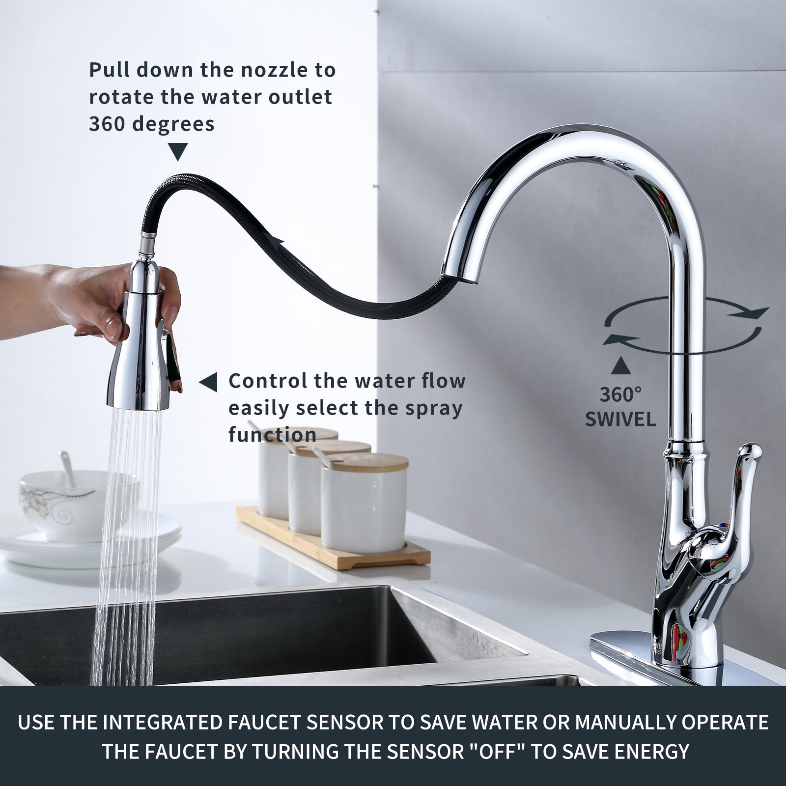 Pull Down Touchless Single Handle Kitchen Faucet Brushed Nickel Zinc