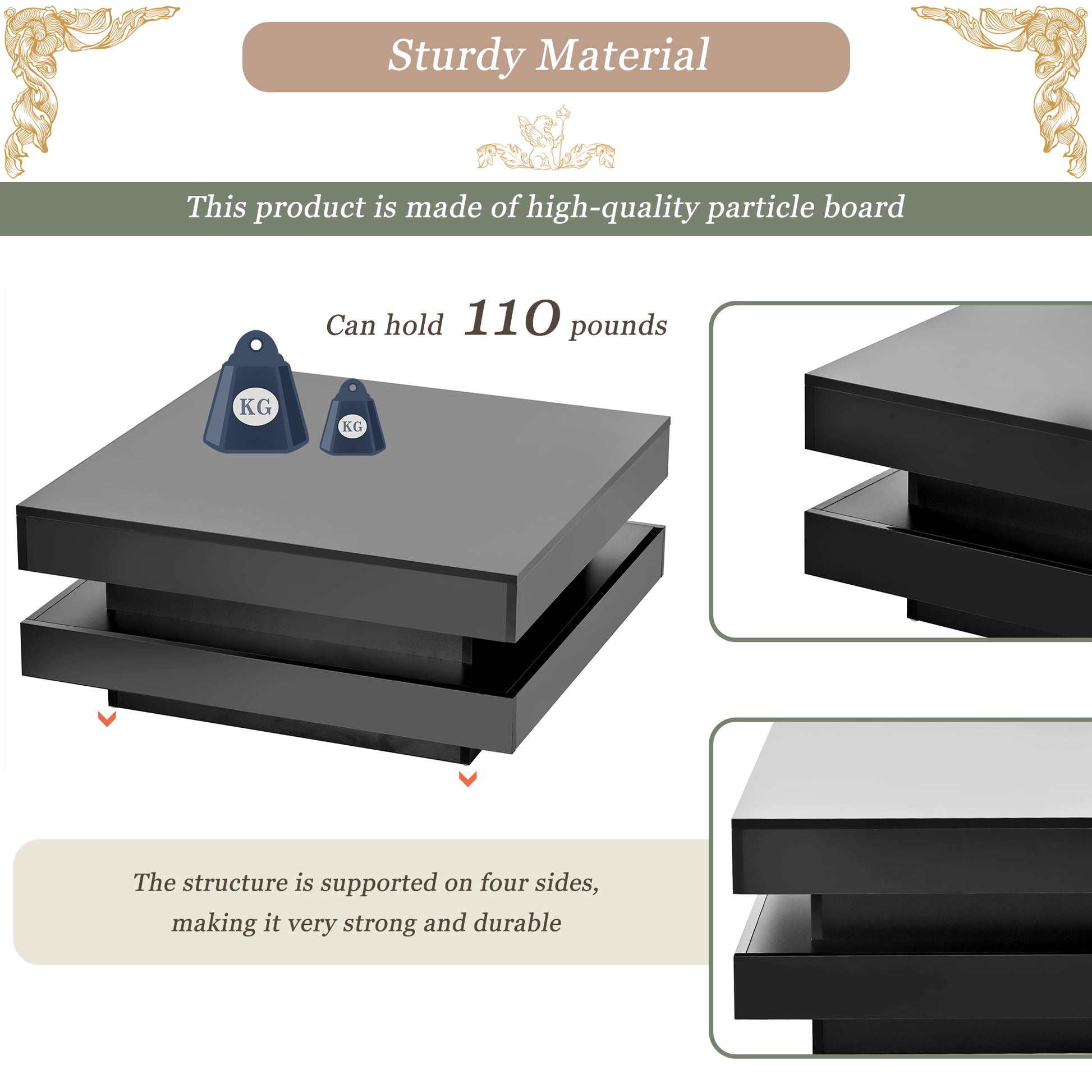 High Gloss Minimalist Design With Led Lights, 2 Tier Square Coffee Table, Center Table For Living Room, 31.5''X31.5''X14.2'',Black Black Particle Board