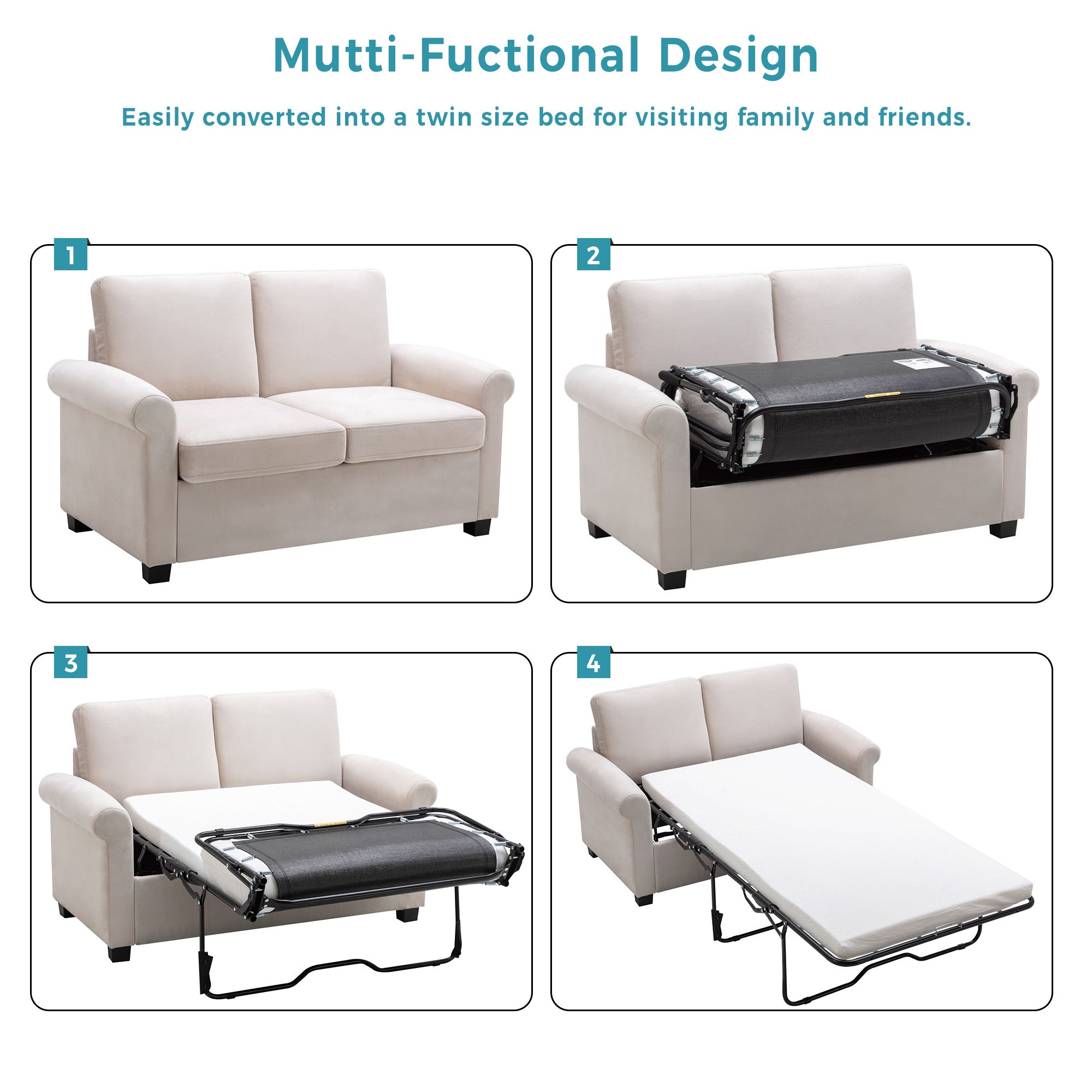 58.3" Pull Out Sofa Bed,Sleeper Sofa Bed with Premium white-foam-velvet