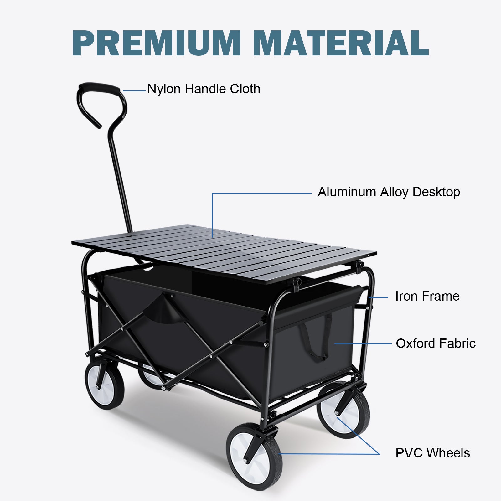 Heavy Duty Portable Folding Wagon And Collapsible Aluminum Alloy Table Combo Utility Outdoor Camping Cart With Universal Anti Slip Wheels & Adjustable Handle Along With Metal Board Desktop, Black Black Steel