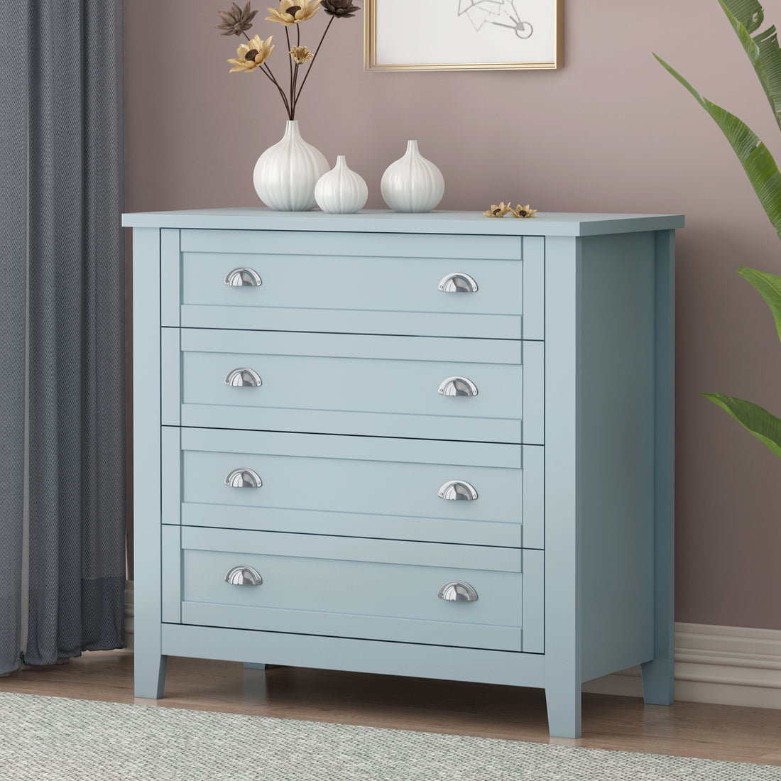 Drawer Dresserbar Cabinet Side Cabinet,Buffet Sideboard,Buffet Service Counter,Solid Wood Frame,Plasticdoor Panel,Retro Shell Handle,Applicable To Dining Room,Living Room,Kitchen Corridor,Grayish Blue 3 4 Drawers Grayish Blue Primary Living Space Solid