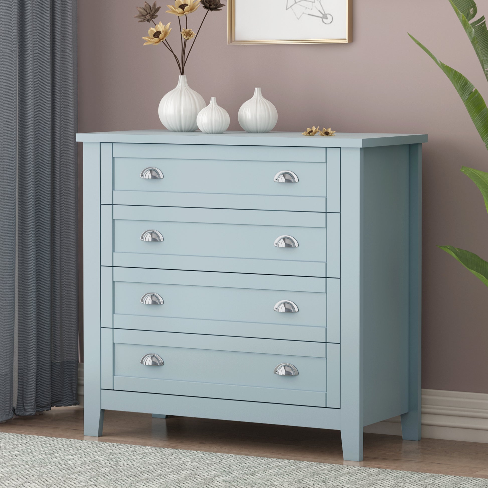 Drawer Dresserbar Cabinet Side Cabinet,Buffet Sideboard,Buffet Service Counter,Solid Wood Frame,Plasticdoor Panel,Retro Shell Handle,Applicable To Dining Room,Living Room,Kitchen Corridor,Grayish Blue 3 4 Drawers Grayish Blue Primary Living Space Solid