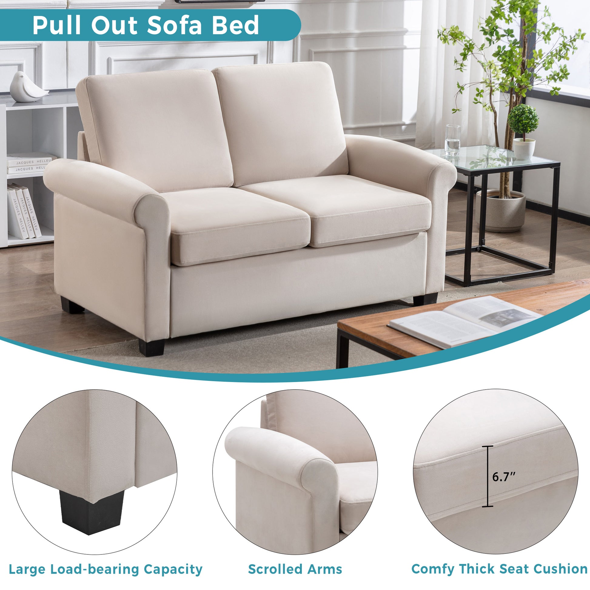 58.3" Pull Out Sofa Bed,Sleeper Sofa Bed With Premium Twin Size Mattress Pad,2 In 1 Pull Out Couch Bed,Loveseat Sleeper For Living Room,Small Apartment, Beige White White Foam Velvet