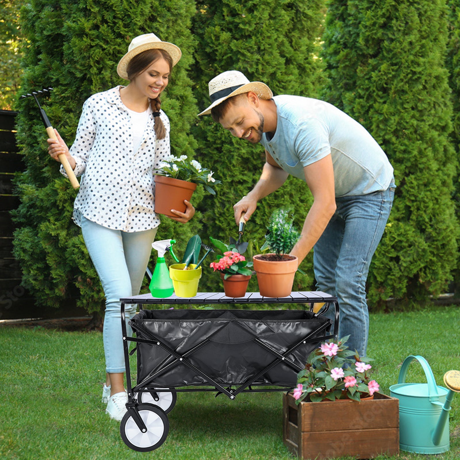 Heavy Duty Portable Folding Wagon And Collapsible Aluminum Alloy Table Combo Utility Outdoor Camping Cart With Universal Anti Slip Wheels & Adjustable Handle Along With Metal Board Desktop, Black Black Steel