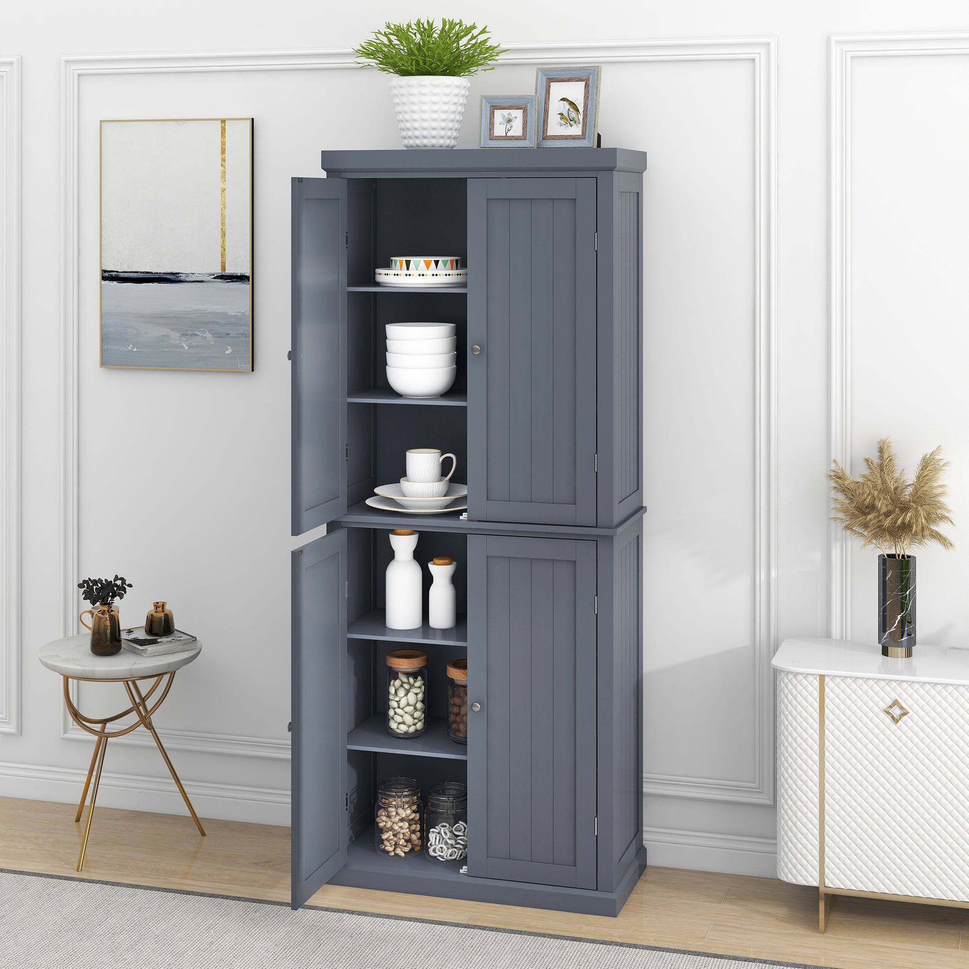 Freestanding Tall Kitchen Pantry, 72.4" Minimalist Kitchen Storage Cabinet Organizer With 4 Doors And Adjustable Shelves,Gray Gray Gray Kitchen Casual Adjustabel Shelves Mdf