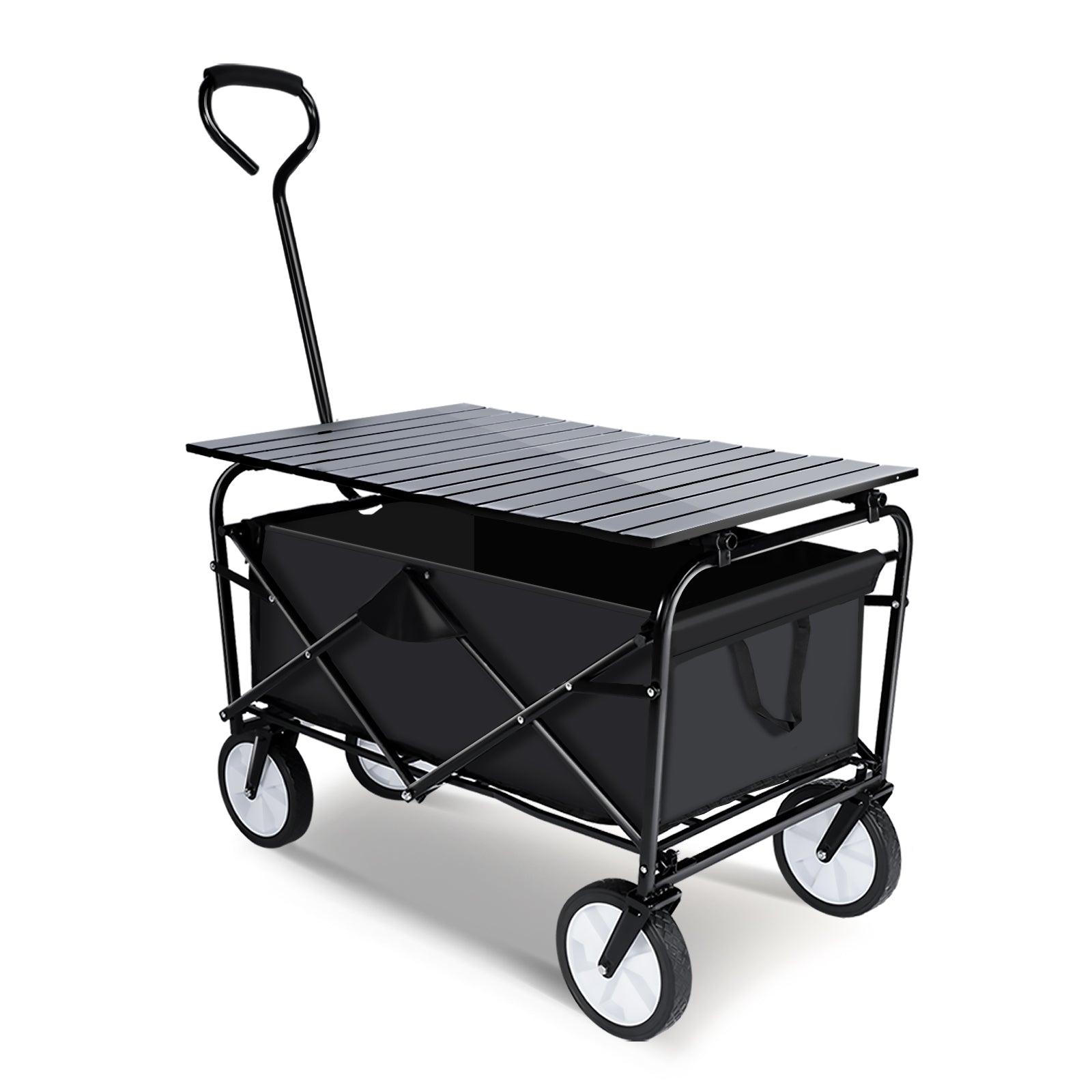 Heavy Duty Portable Folding Wagon And Collapsible Aluminum Alloy Table Combo Utility Outdoor Camping Cart With Universal Anti Slip Wheels & Adjustable Handle Along With Metal Board Desktop, Black Black Steel