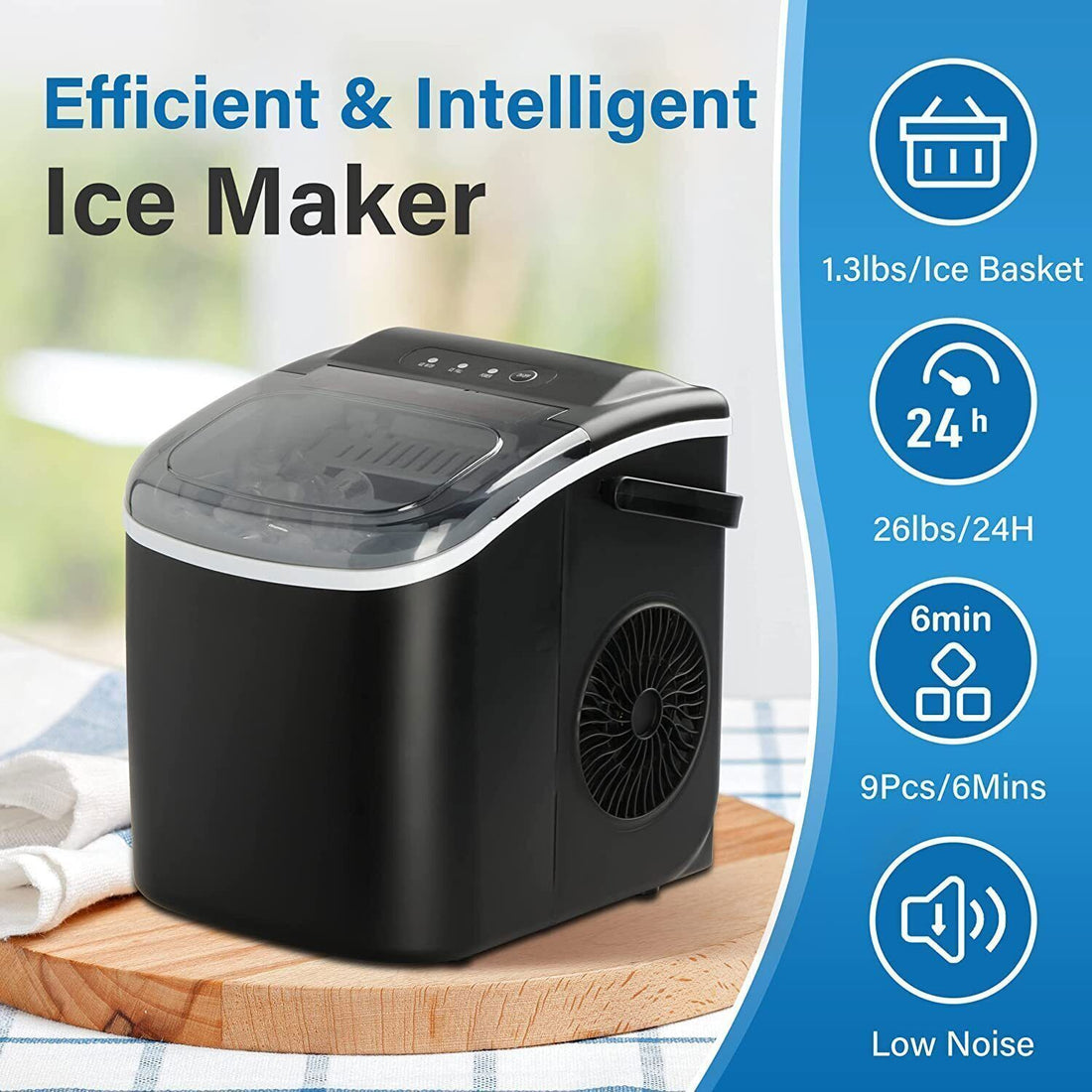 Simple Deluxe Ice Maker Machine For Countertop, 26Lbs Ice 24Hrs, 9 Ice Cubes Ready In 6 Mins, Portable Self Clean Ice Machine With Scoop And Basket, 13.7Lbs, For Home Kitchen Office Bar Party, Black Black Abs