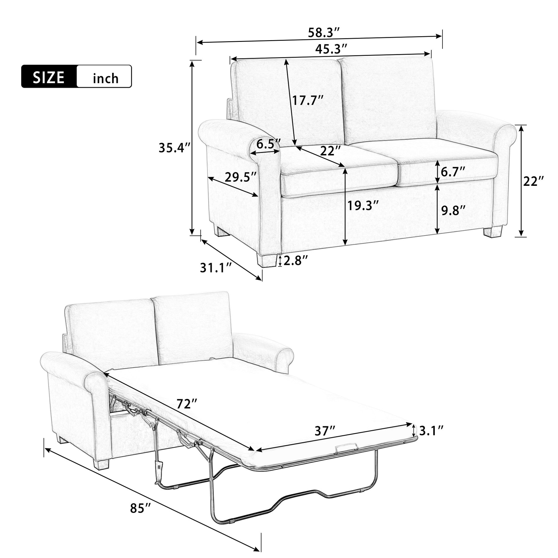 58.3" Pull Out Sofa Bed,Sleeper Sofa Bed With Premium Twin Size Mattress Pad,2 In 1 Pull Out Couch Bed,Loveseat Sleeper For Living Room,Small Apartment, Beige White White Foam Velvet