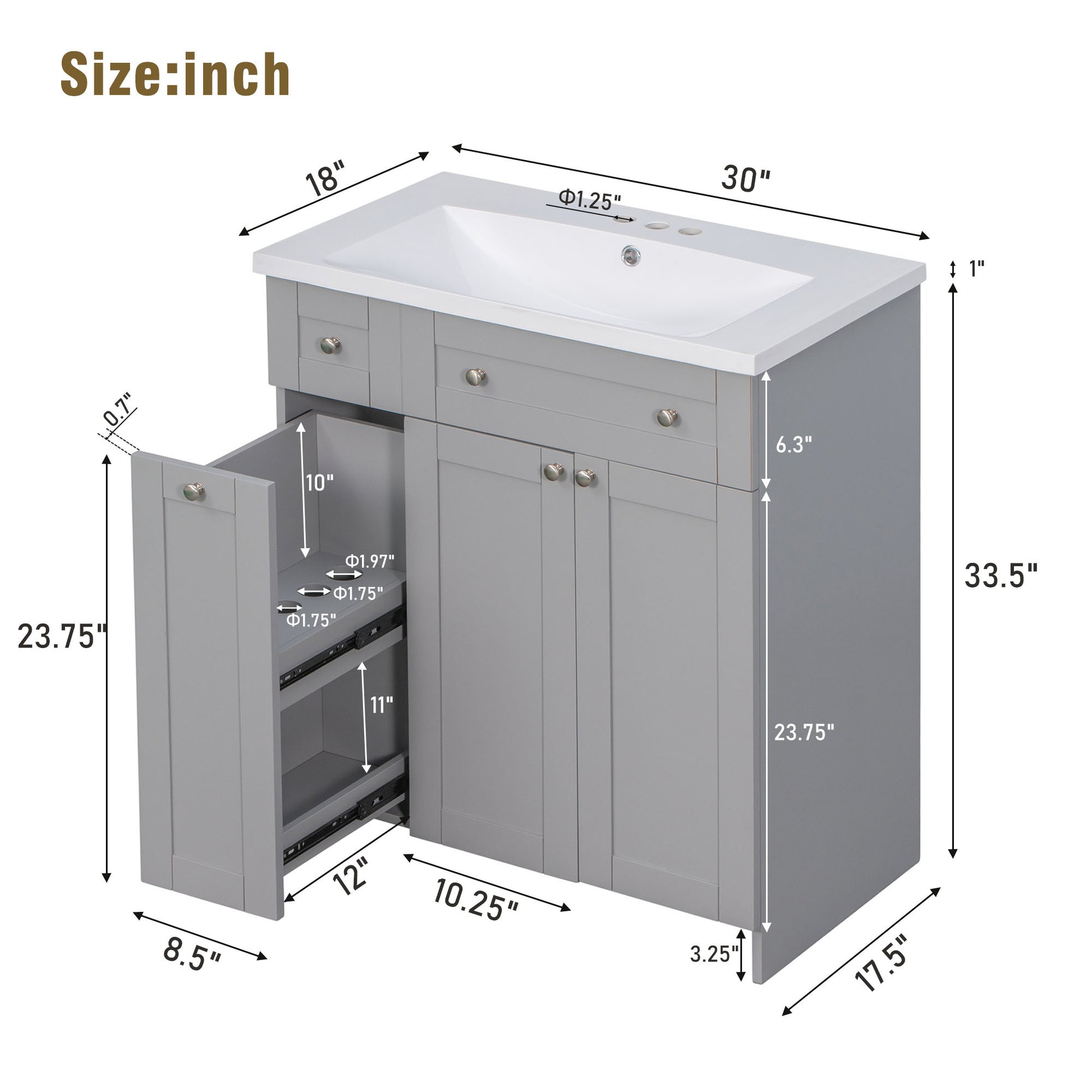 30" Bathroom Vanity With Single Sink In Grey,Combo Cabinet Undermount Sink,Bathroom Storage Cabinet Grey Mdf