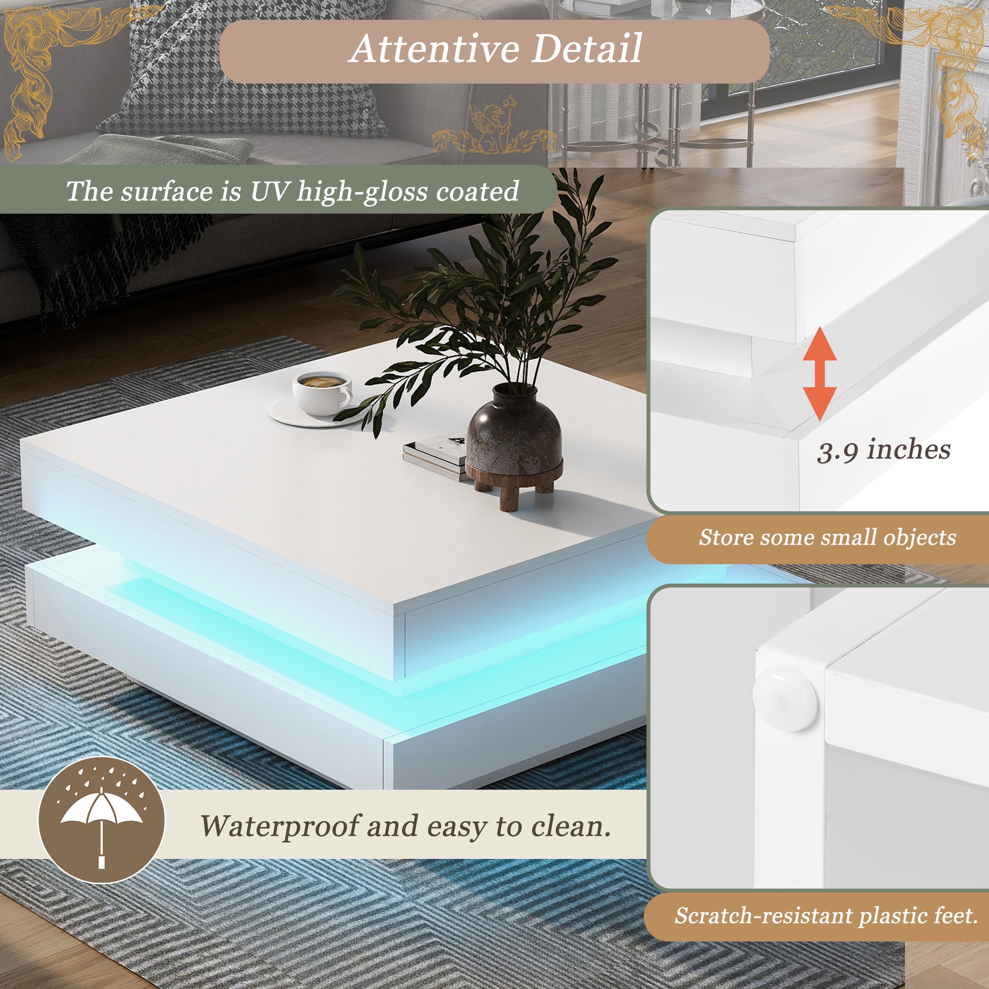 High Gloss Minimalist Design With Led Lights, 2 Tier Square Coffee Table, Center Table For Living Room, 31.5''X31.5''X14.2'', White White Particle Board