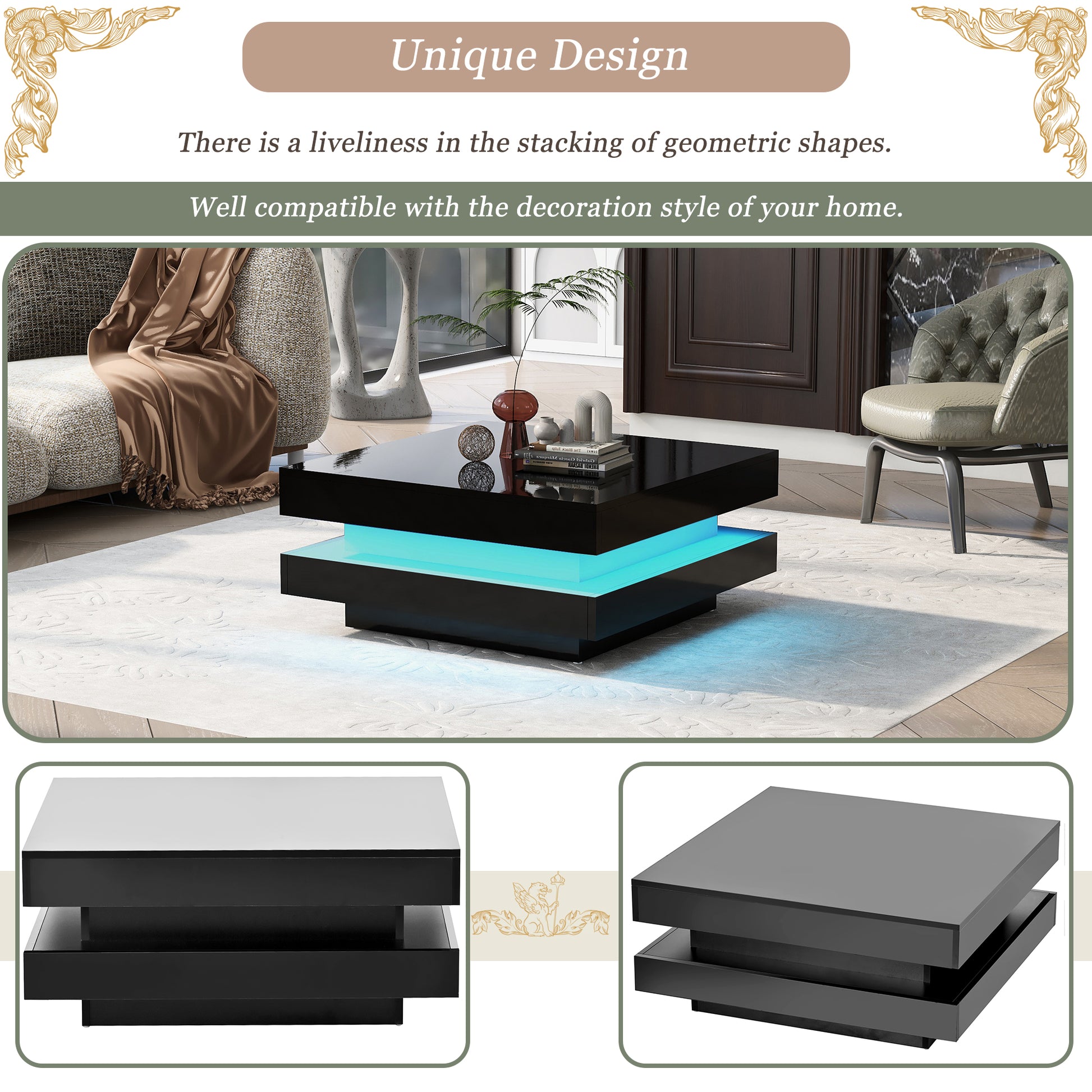 High Gloss Minimalist Design With Led Lights, 2 Tier Square Coffee Table, Center Table For Living Room, 31.5''X31.5''X14.2'',Black Black Particle Board