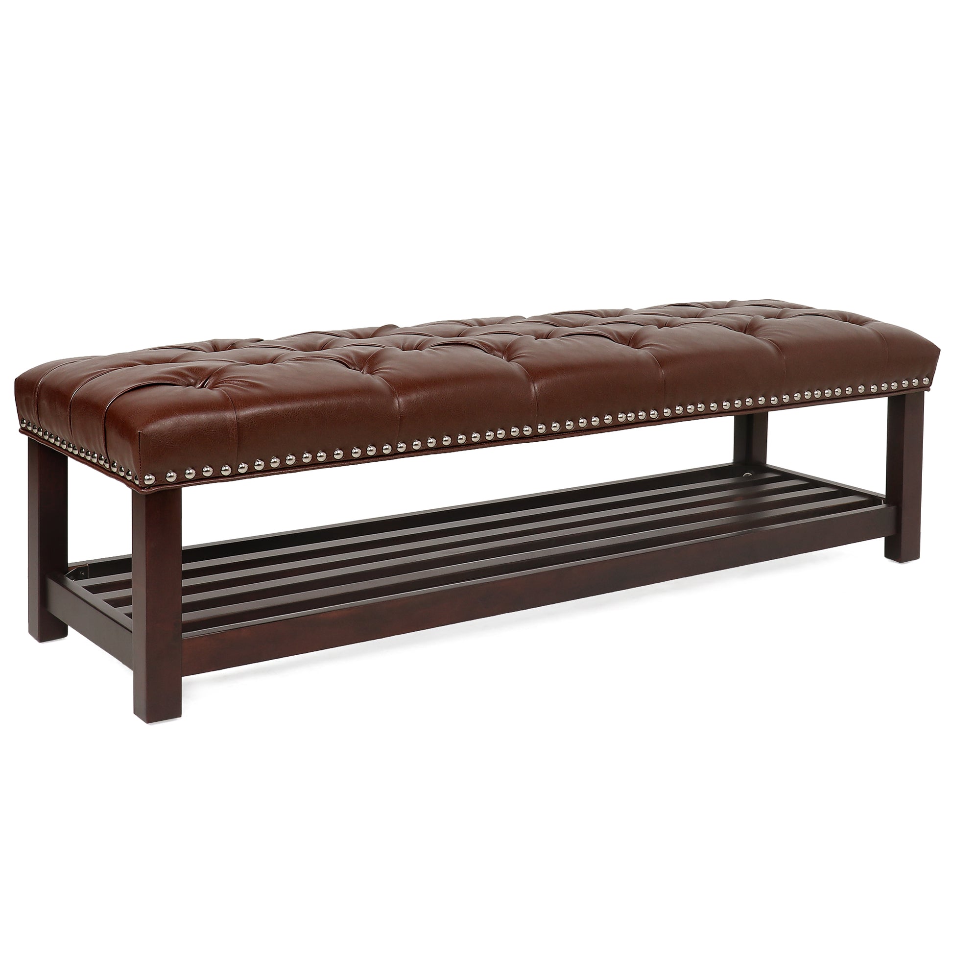 Bedroom End Of Bed Bench Tufted Upholstered End Of Bed Bench End Of Bed Entrance Shoe Bench, 60" With Trim And Shelf Bedroom Upholstered Leather Bench Living Room Shoe Rack Footstool Brown Dark Brown Pu